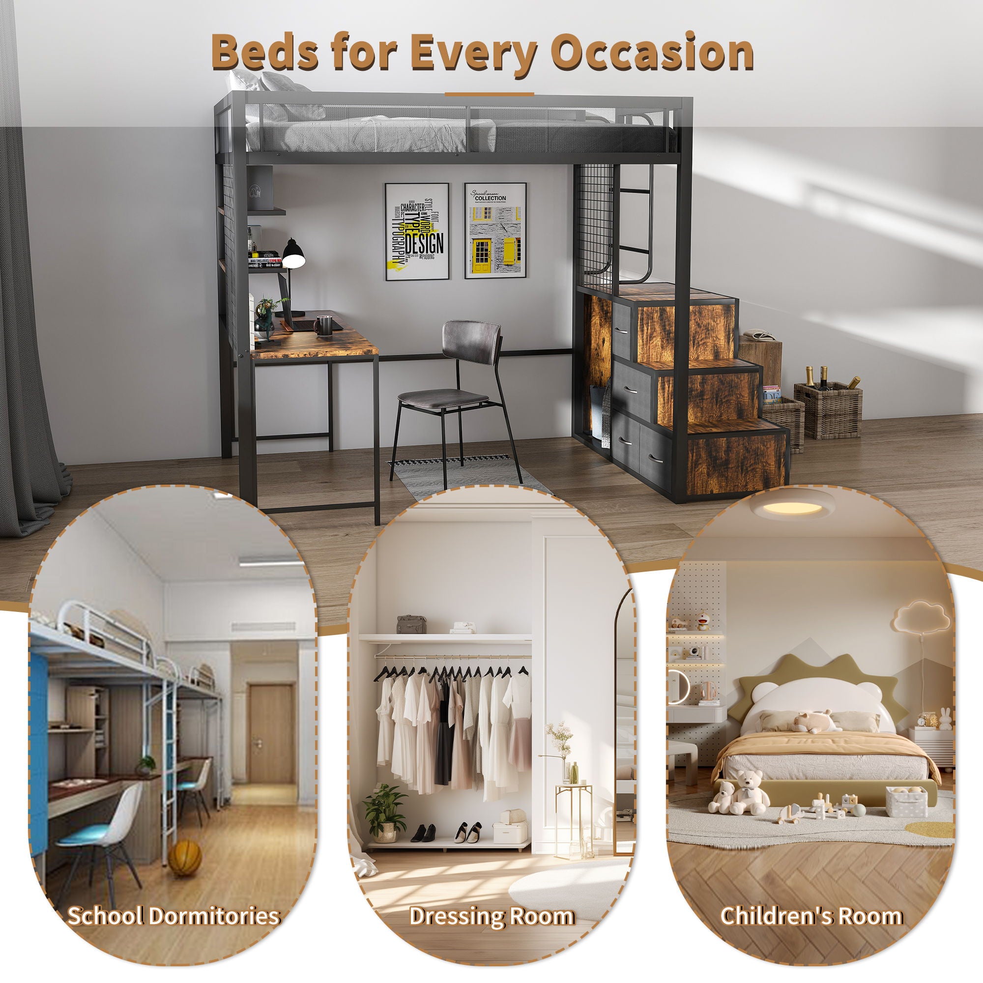 Heavy Duty Full Loft Bed With Desk & USB Charging Metal Frame With Storage Drawers And Staircase - Black