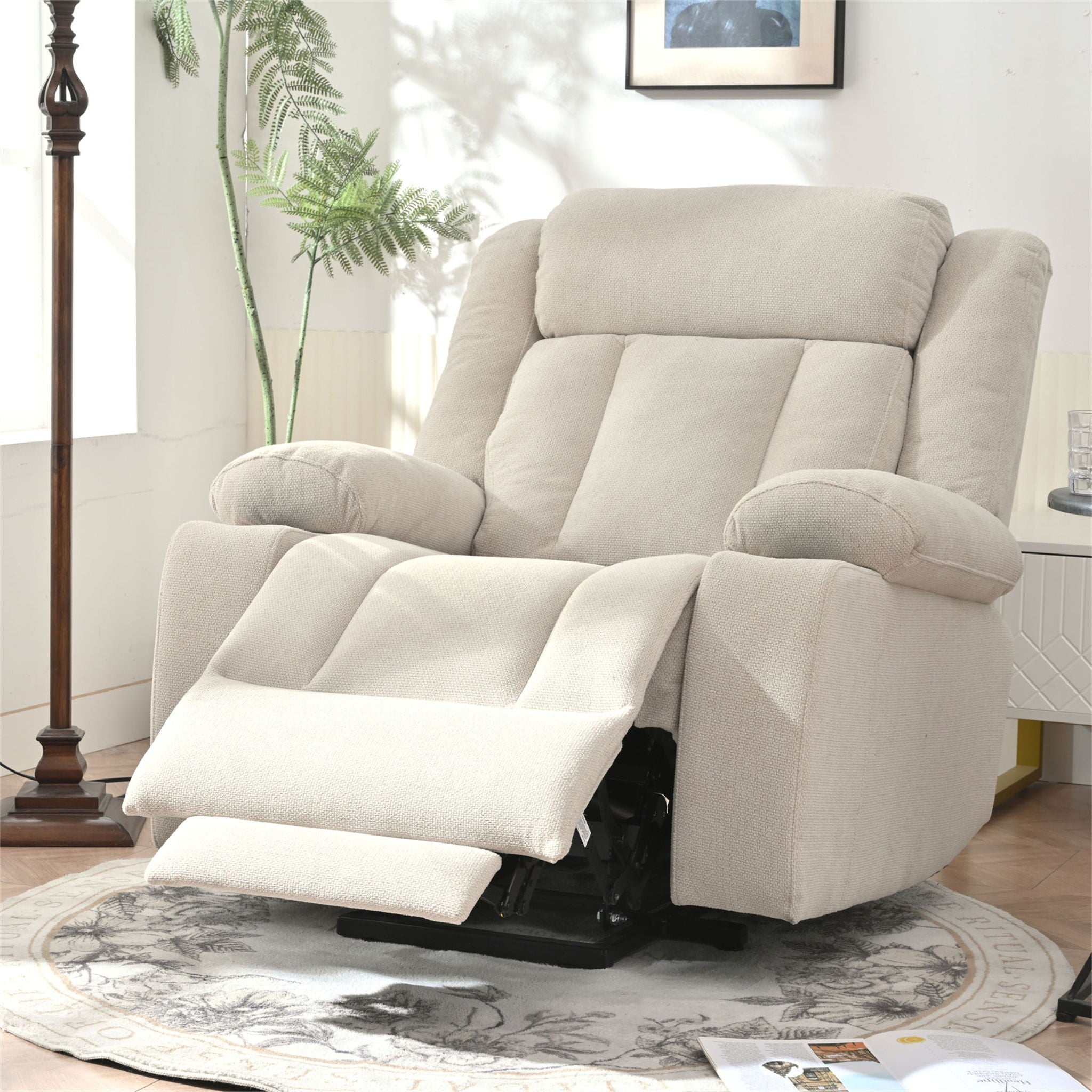 Power Lift Recliner Chair With Extended Footrest, Remote Control, Cup Holders, And Side Pockets