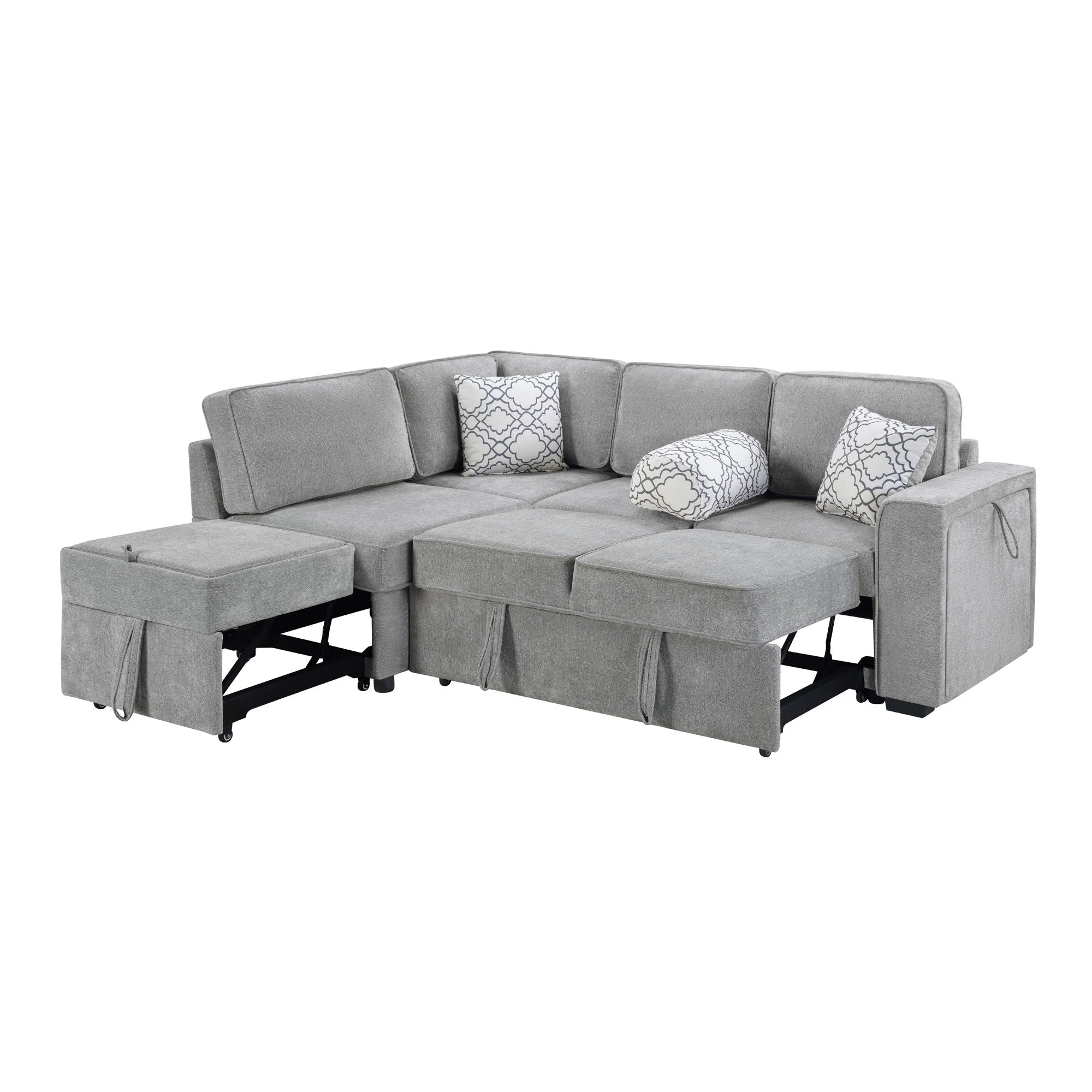 Convertible Sectional L-Shaped Sofa With Dual Pull-Out Sleepers, Flip-Top Table, USB Ports, Cup Holder & Storage