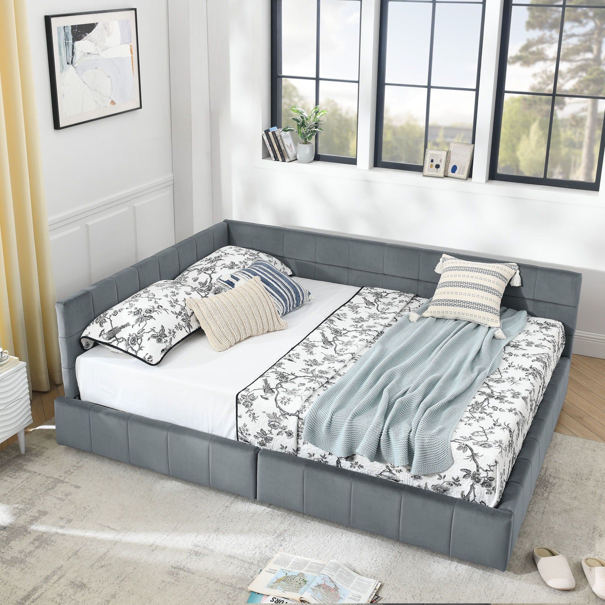 Mid-Century Storage Upholstered Tufted Bed Frame With Backrest And Armrests