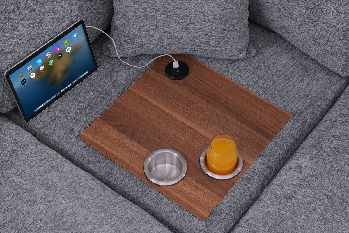 Celine 128"W Light Gray Chenille Fabric Corner Sectional Sofa with Right-Facing Chaise, Cupholders, and Charging Ports