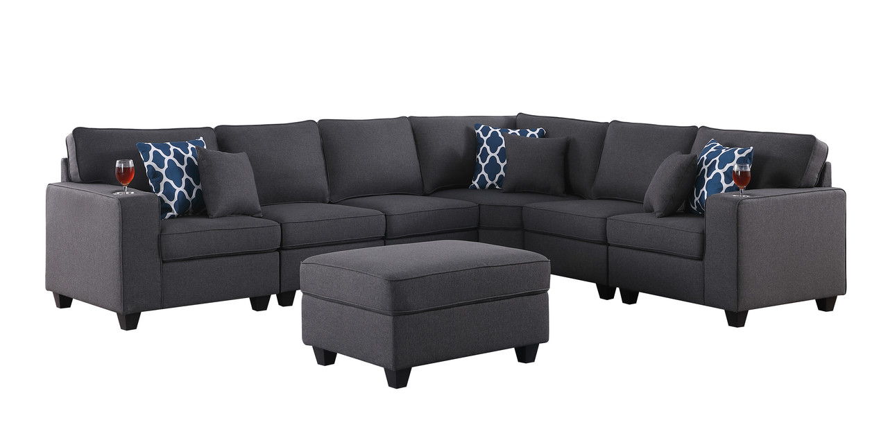 Cooper 125"W Dark Gray Linen 7Pc Reversible L-Shape Sectional Sofa with Ottoman and Cupholder