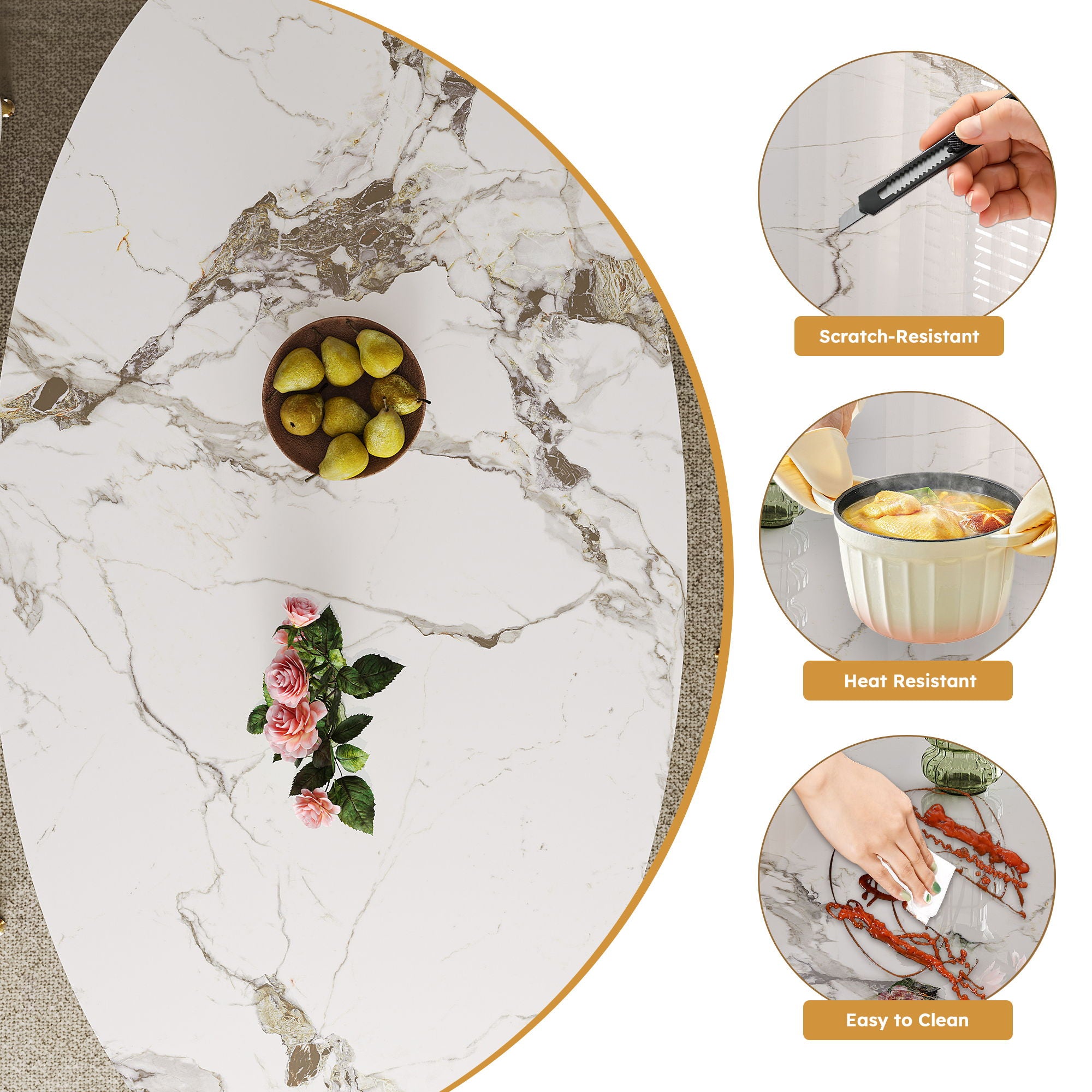 Oval Dining Table With Stainless Steel Base, Sturdy And Stable Design For Kitchen, Dining Room - Brown / White