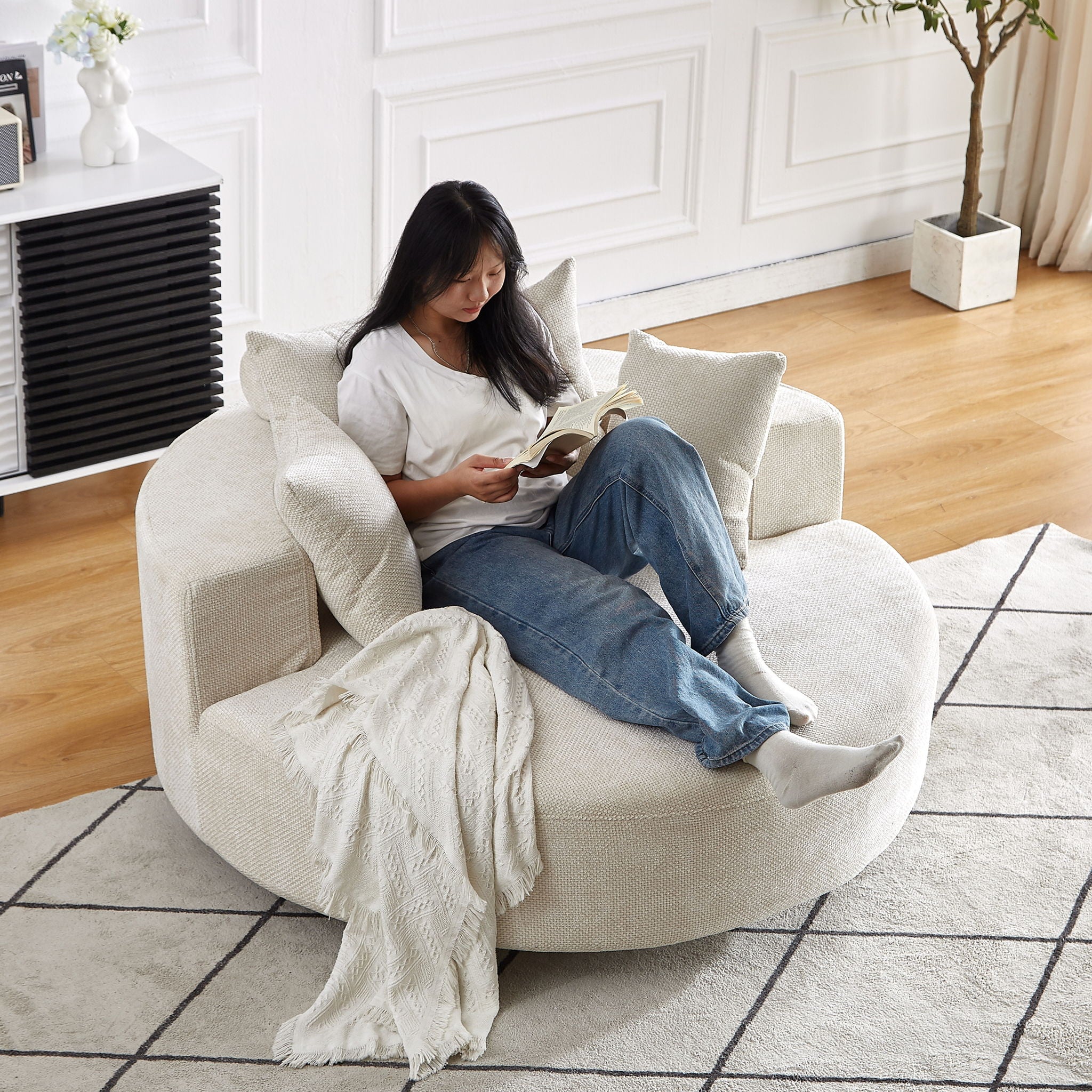 Single Swivel Chair, Fluffy Modern Sleeper, 360 Degree Swivel Chair For Living Room - Beige