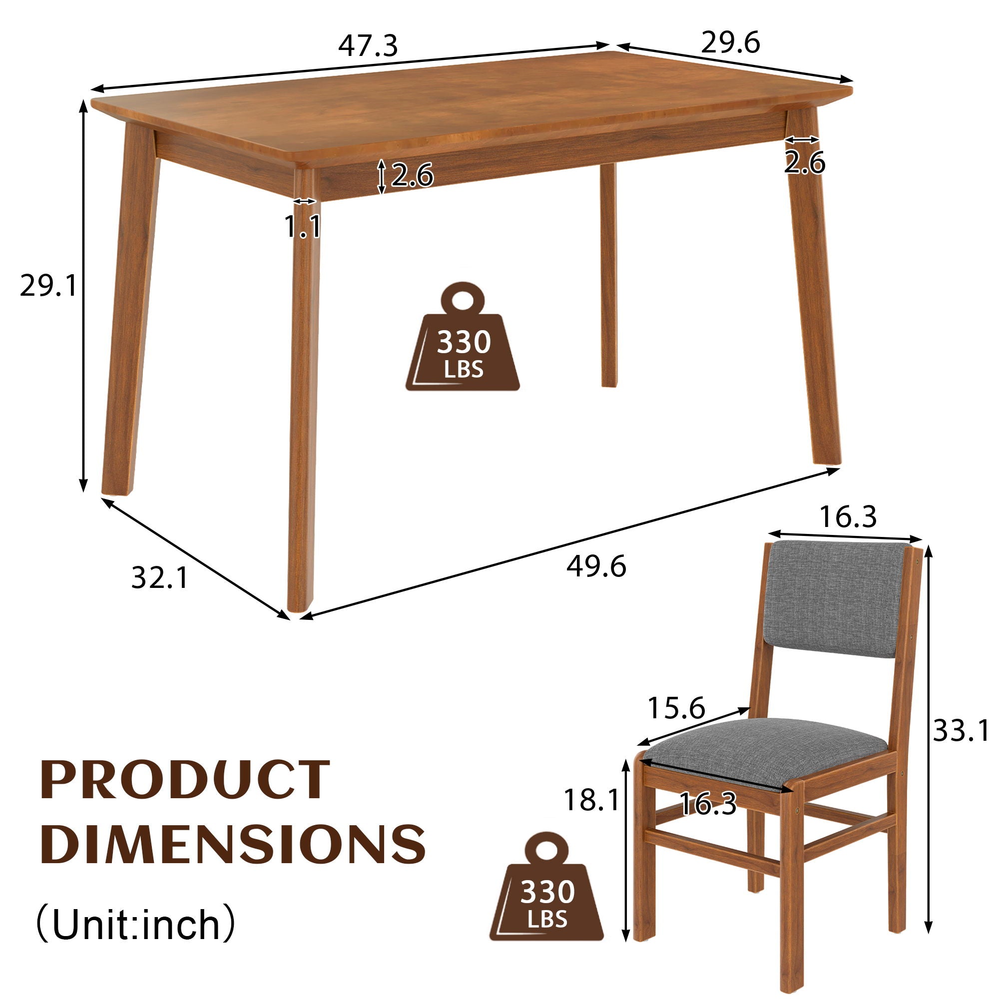 5 Pieces Rectangle Wooden Dining Table Set, Mid Century Modern Kitchen Table And 4 Upholstered Chairs For Home, Saving Space - Brown / Gray
