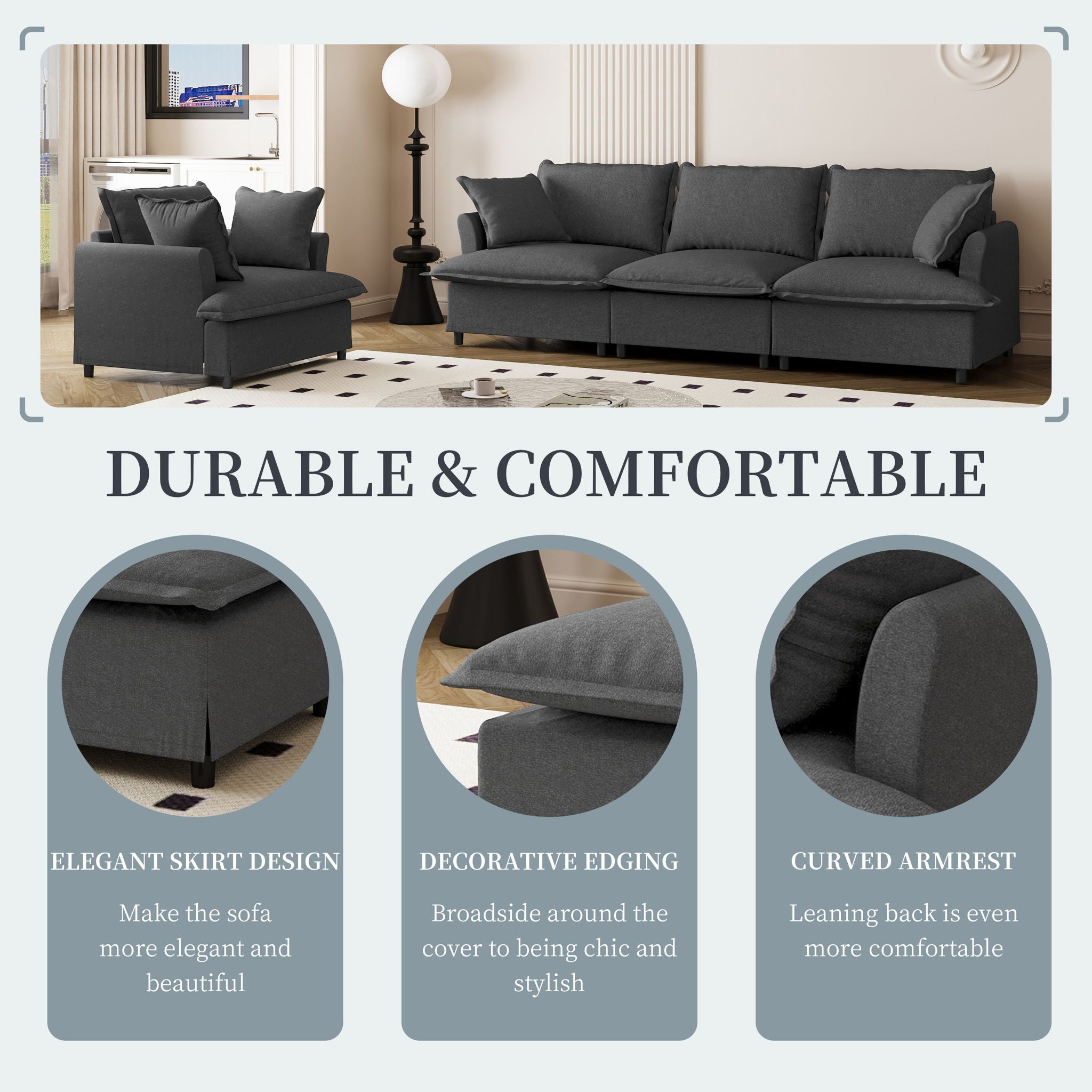 Living Room Set Modular Sectional Couch, Upholstered Sofa & Armchair & Movable Ottoman