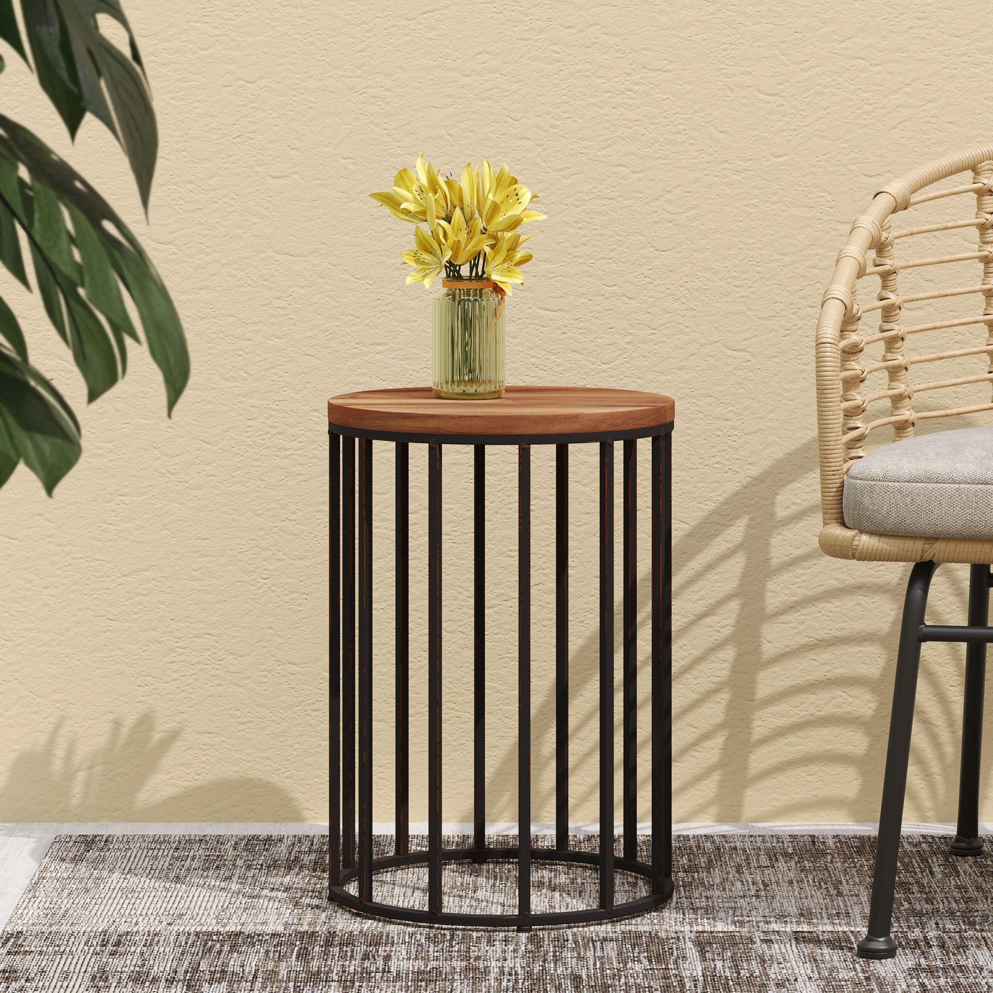 Outdoor Cylindrical Side Table With Round Solid Wood Top And Metal Frame - Natural