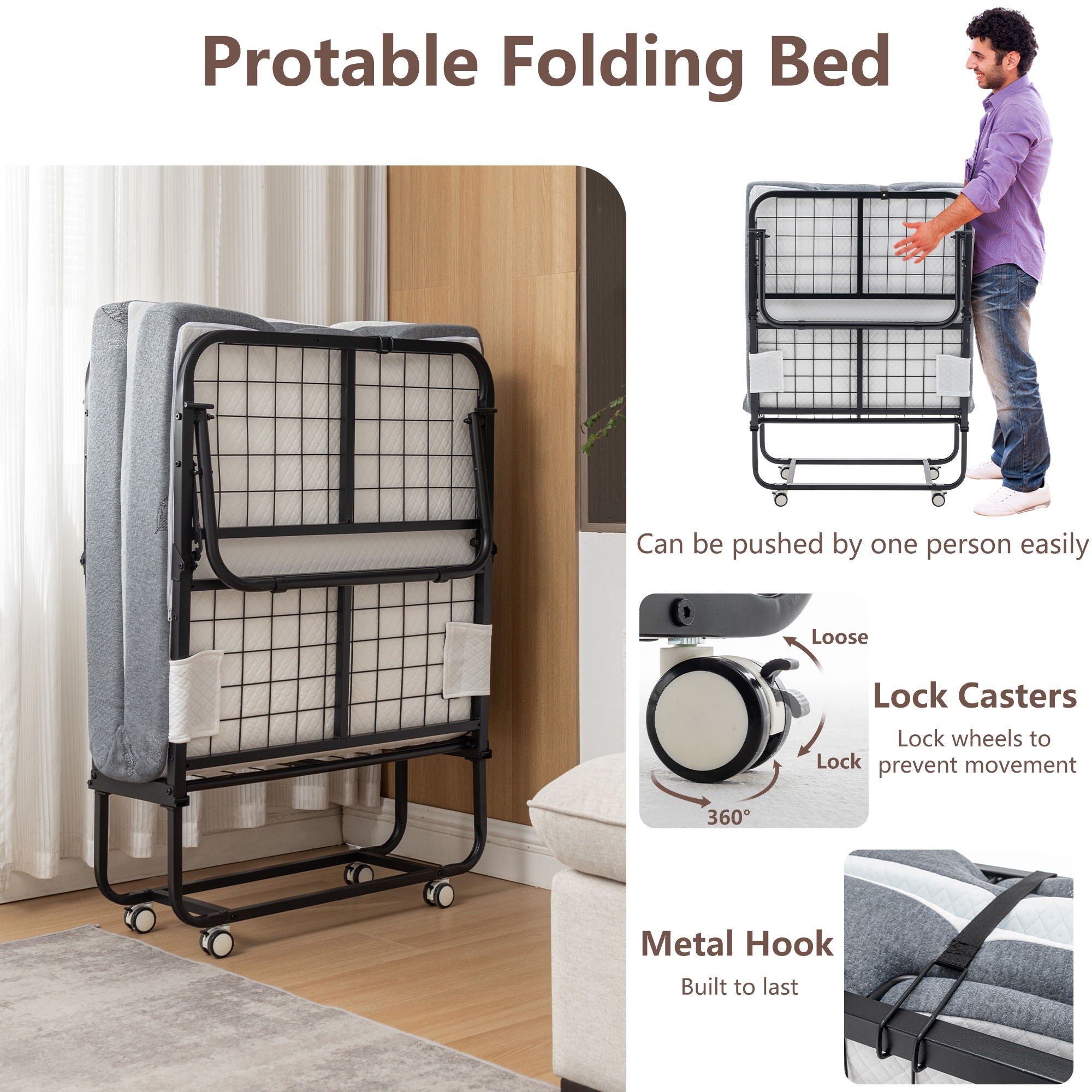 Foldable Metal Frame Bed For Guest With Memory Foam Mattress On Wheels, Saving Space Rollaway Bed