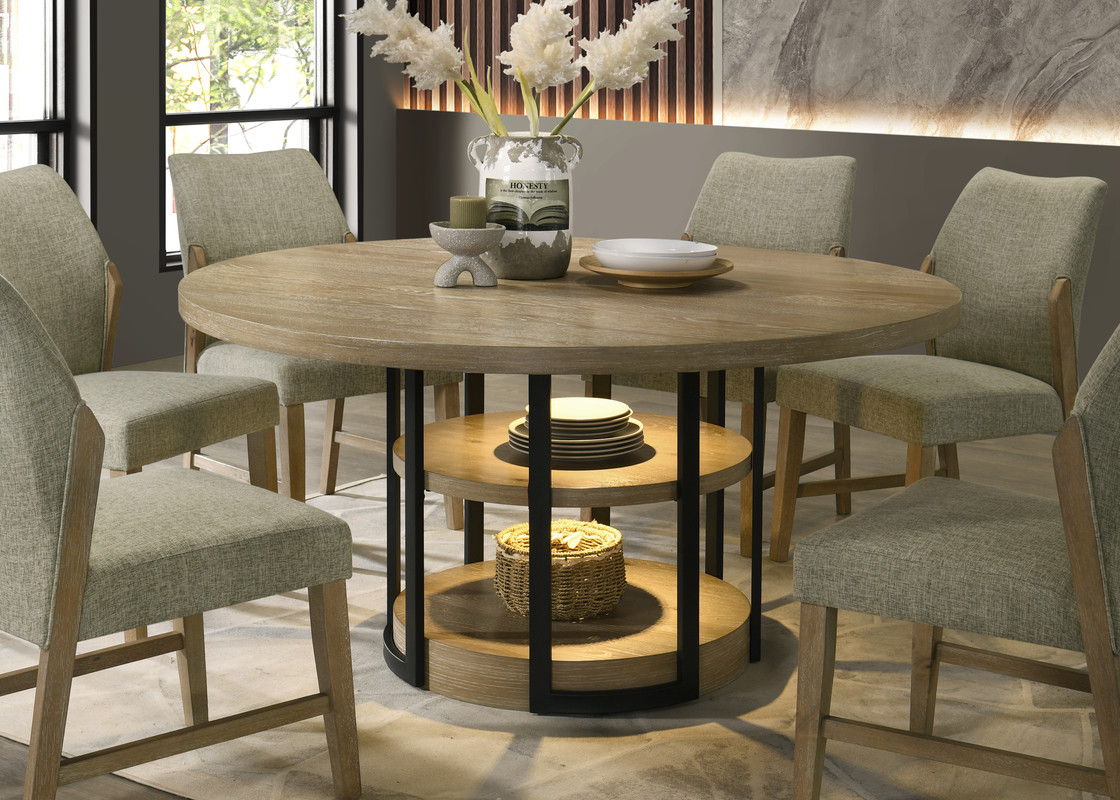 Eden 7Pc 59" Round Rustic Oak Dining Set with LED Light, Black Metal Table Frame, Shelves, Beige Linen Chairs