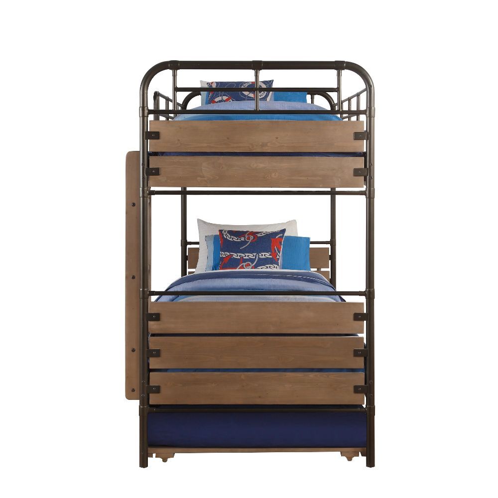 ACME Adams - Twin Over Twin Bunk Bed & Trundle - Antique Oak & Gunmetal | Meri Furniture