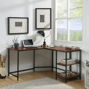 ACME KD• L Shape Writing Desk• 2 Tier Shelf Under Table Top• Includes USB Charging Port• Open Metal Frame | Meri Furniture