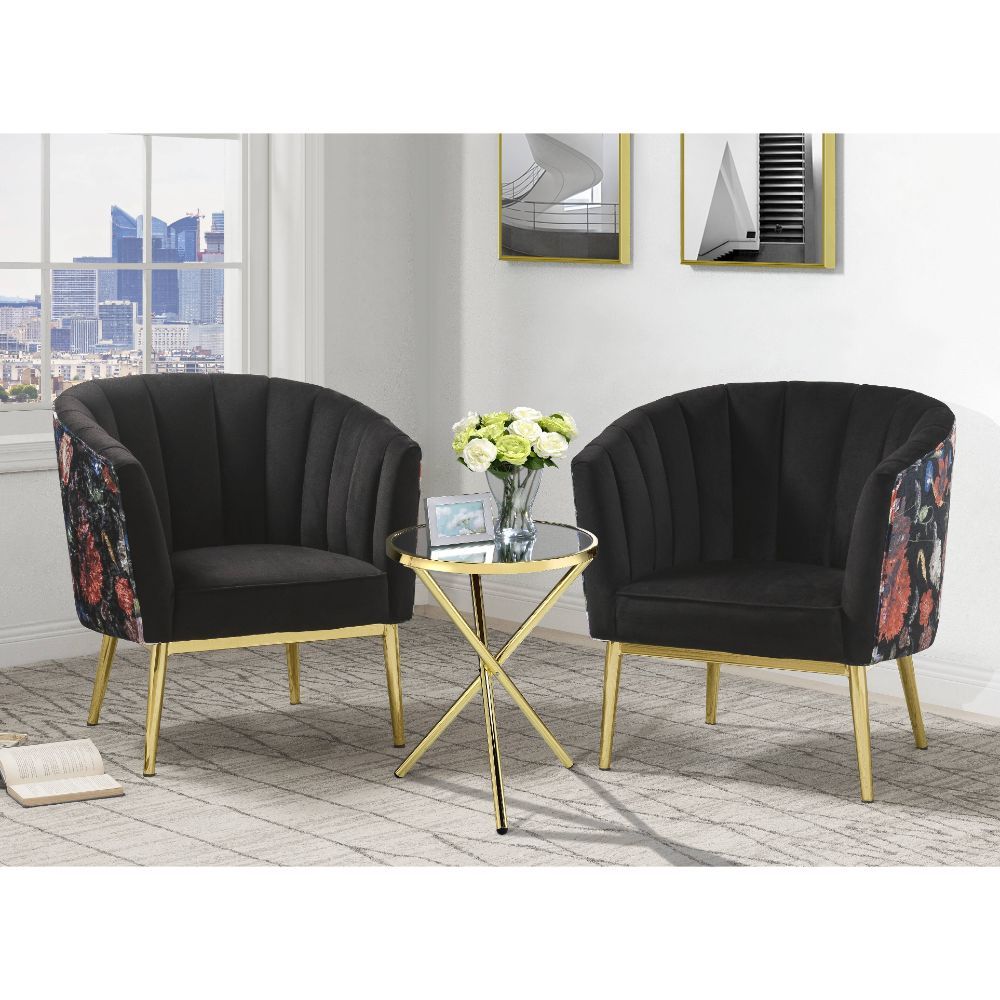 ACME Refined carving with authentic styling, the Colla accent chair is the embodiment of elegance. The thick padded velvet cushion with straight-lined detailing offers superior coziness. | Meri Furniture