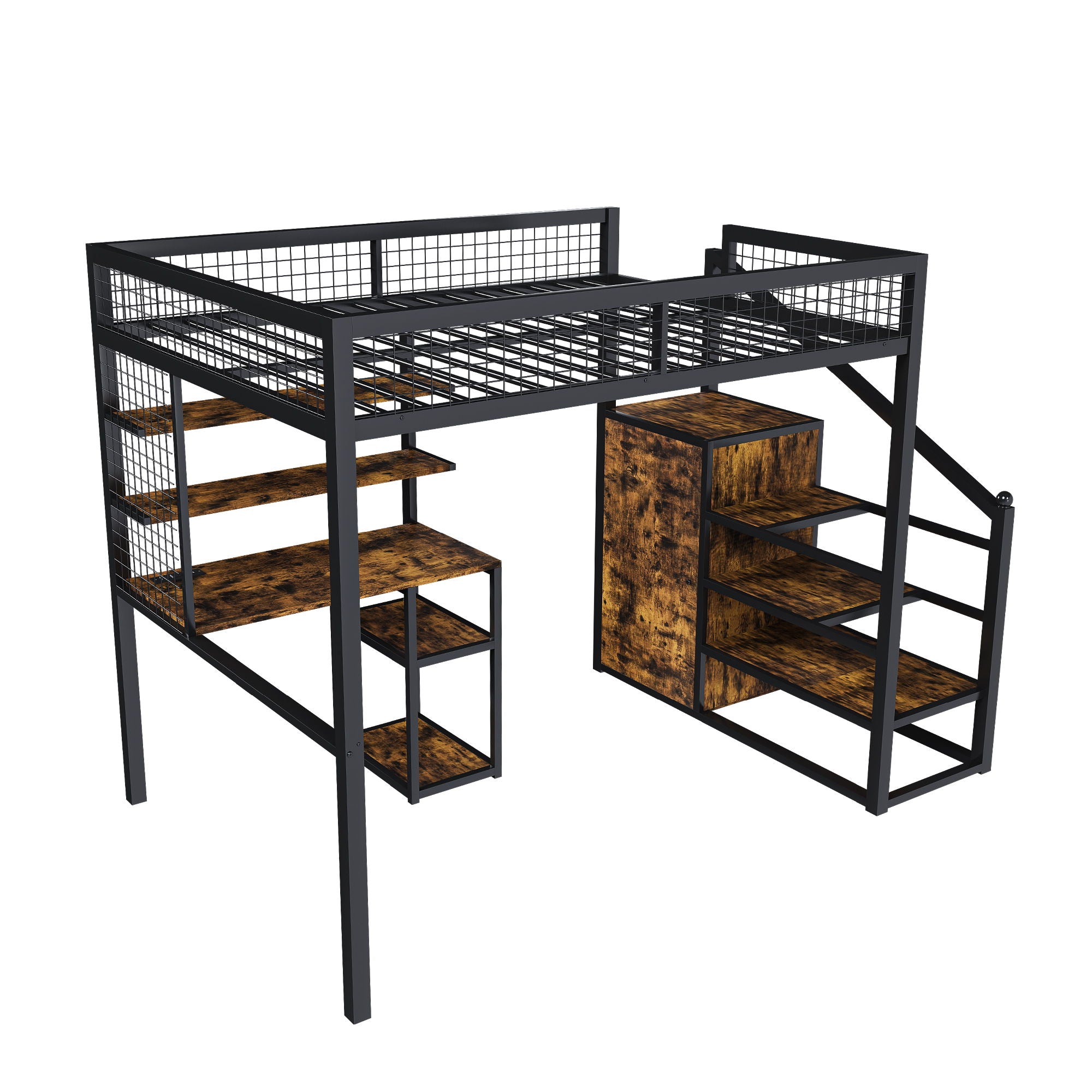 Full Size Loft Bed With Desk & Wardrobe Heavy Frame, Built In Staircase, Storage Rack & Shelves Gaming Bed - Black