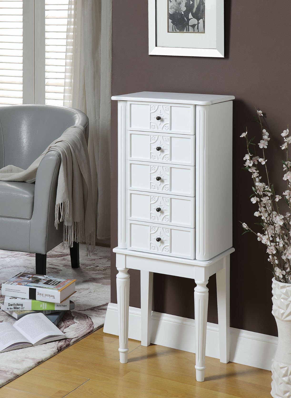 ACME KD Leg, 4 Drw • Top: Lid w/Mirror, Jewelry Storage & Cord mgmt: PreCut Hole (Velvet Lined) • Side Doors w/Jewelry Storage (Hooks/Velvet Lined) • Drawer: GLIDE Side Wood, Felt-Lined Drawers • Wooden Fluted/Tapered Legs ••• Anti-Tipping Strap Included