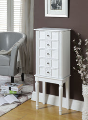 ACME KD Leg, 4 Drw • Top: Lid w/Mirror, Jewelry Storage & Cord mgmt: PreCut Hole (Velvet Lined) • Side Doors w/Jewelry Storage (Hooks/Velvet Lined) • Drawer: GLIDE Side Wood, Felt-Lined Drawers • Wooden Fluted/Tapered Legs ••• Anti-Tipping Strap Included