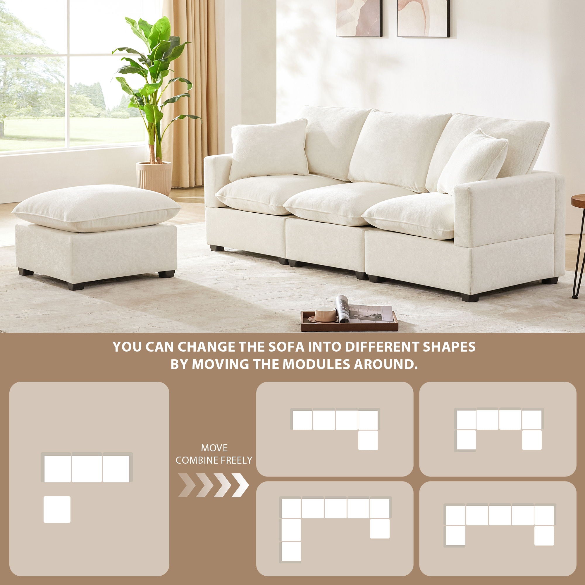 Modern Modular Sofa, 4 Seat Chenille Sectional Couch Set With 2 Pillows Included, Freely Combinable Indoor Funiture For Living Room