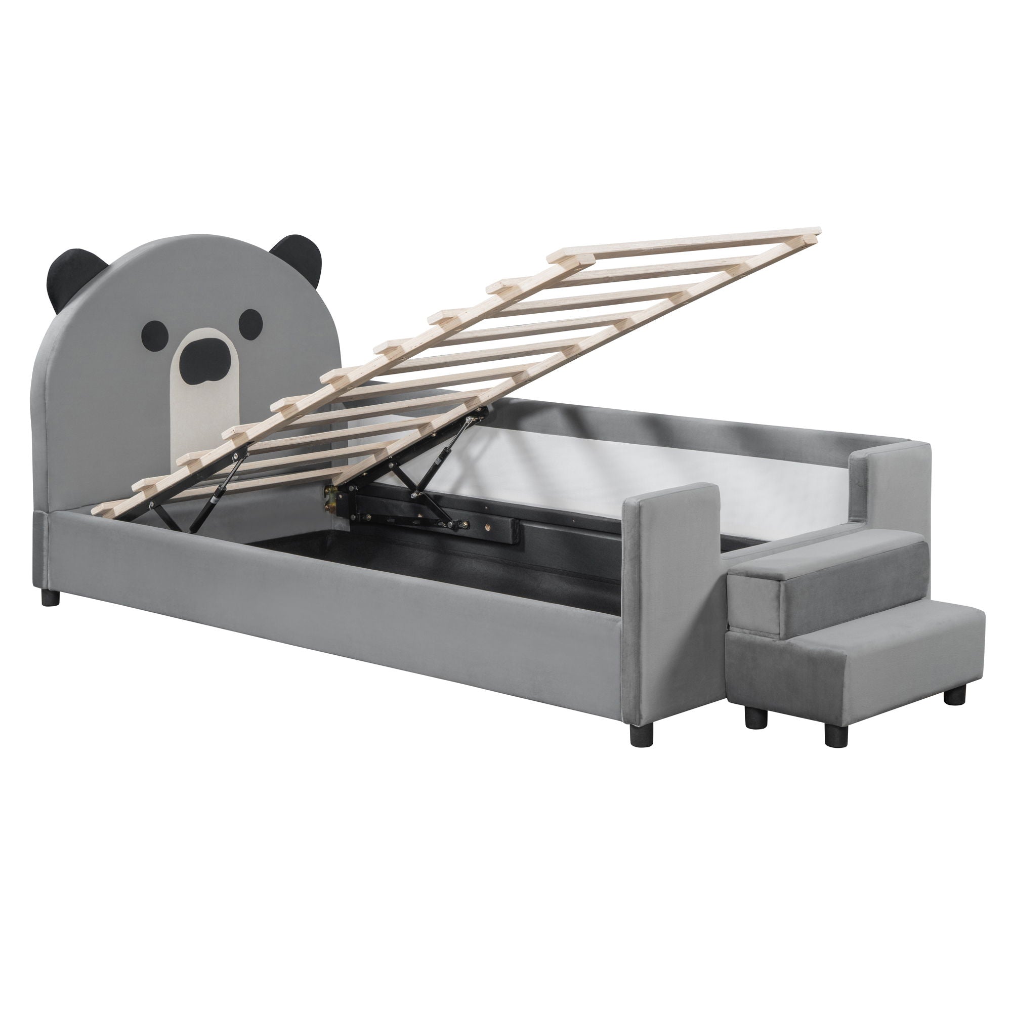 Upholstered Daybed With Bear Shaped Headboard, Hydraulic System And Breathable Mesh Fence