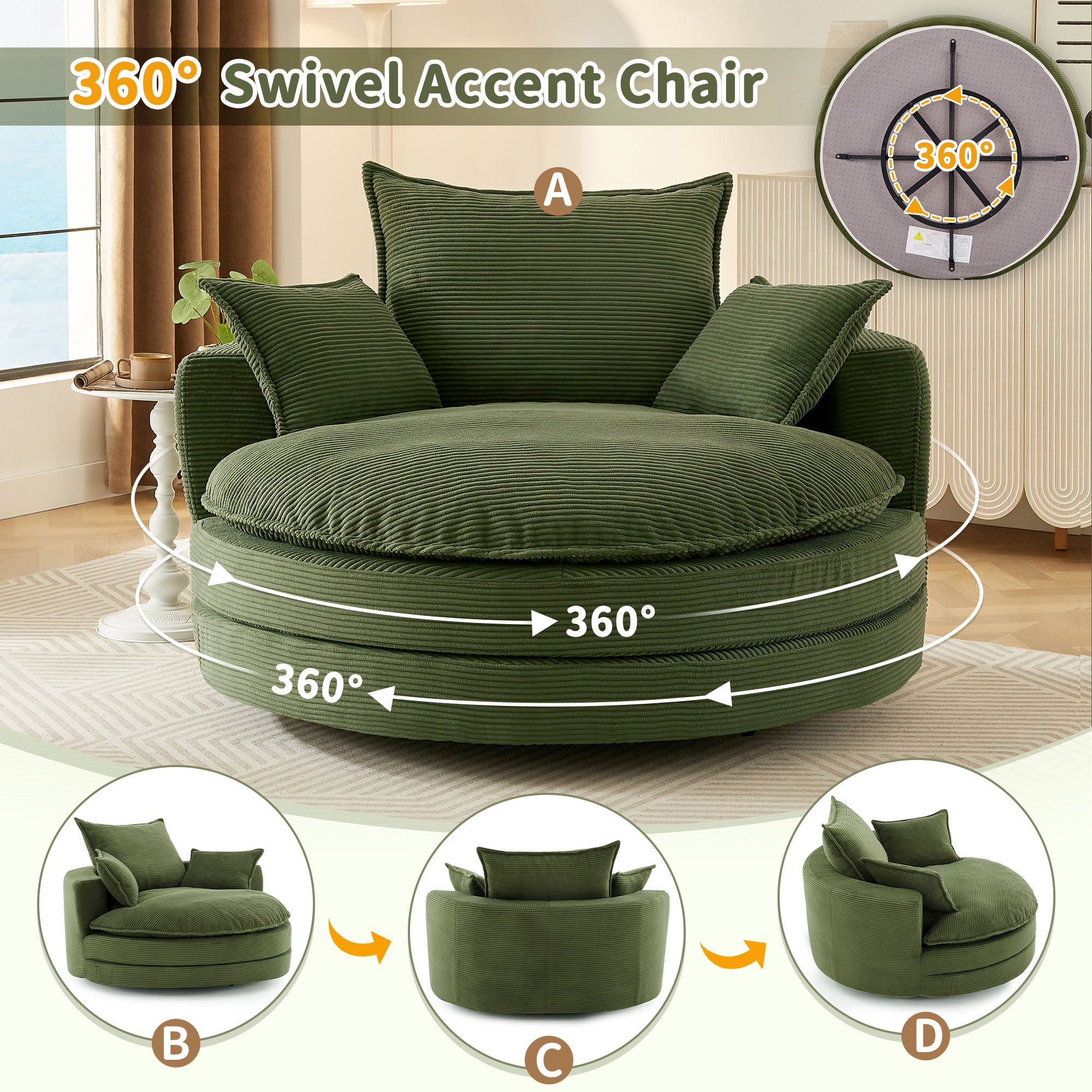 360° Swivel Accent Barrel Chair With Dual Layer Cushion And 3 Removable Pillows