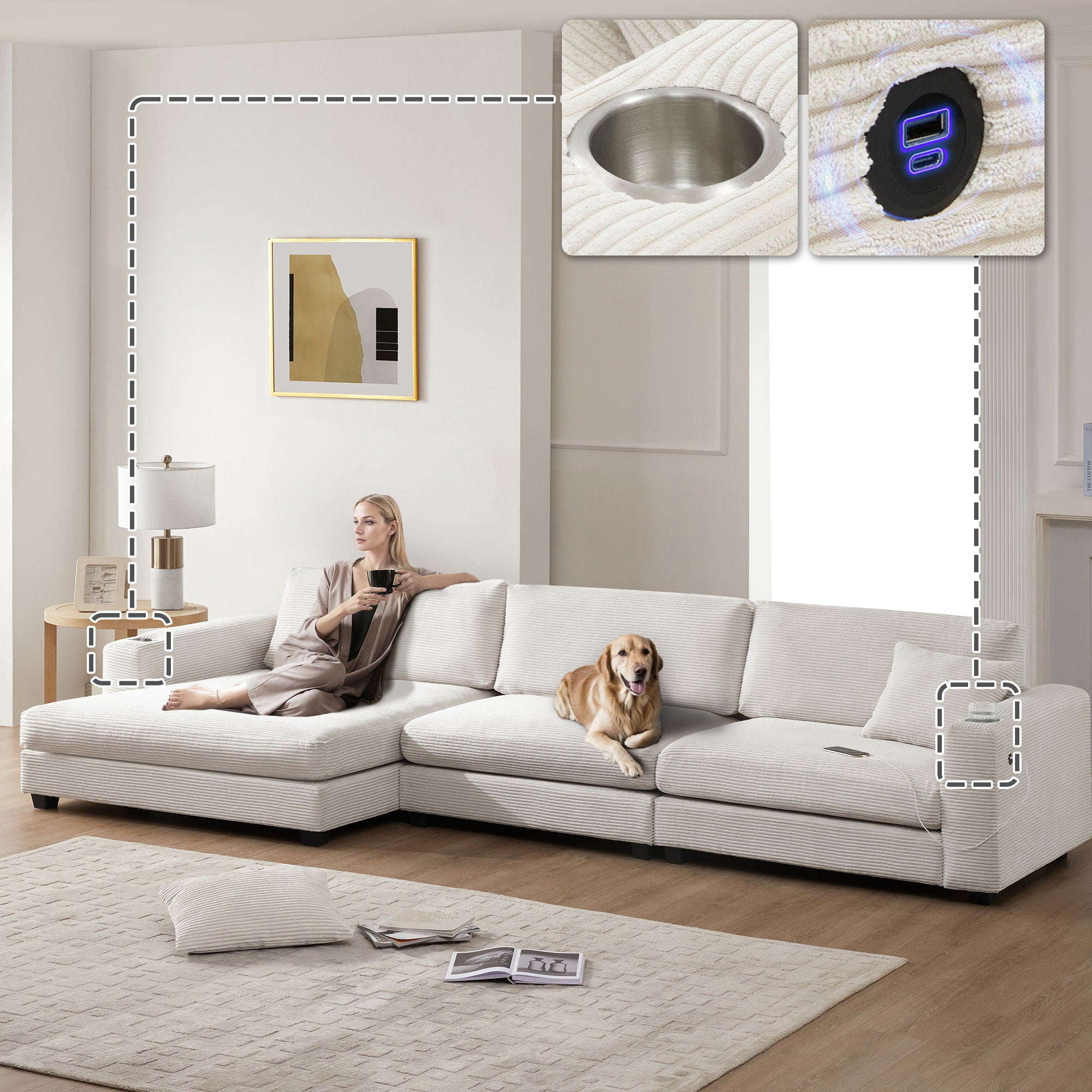 Oversized Sectional L Shaped Cloud Couch With USB Charging Port Cup Holder Deep And Wide Seat Sofa With Chaise Comfy