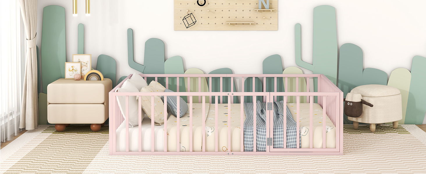 Metal Floor Bed Frame With Fence And Door