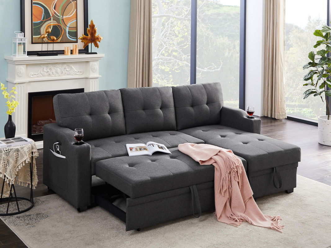 Mabel 83"W Dark Gray Linen Fabric Sleeper Sectional with cupholder, USB charging port and pocket