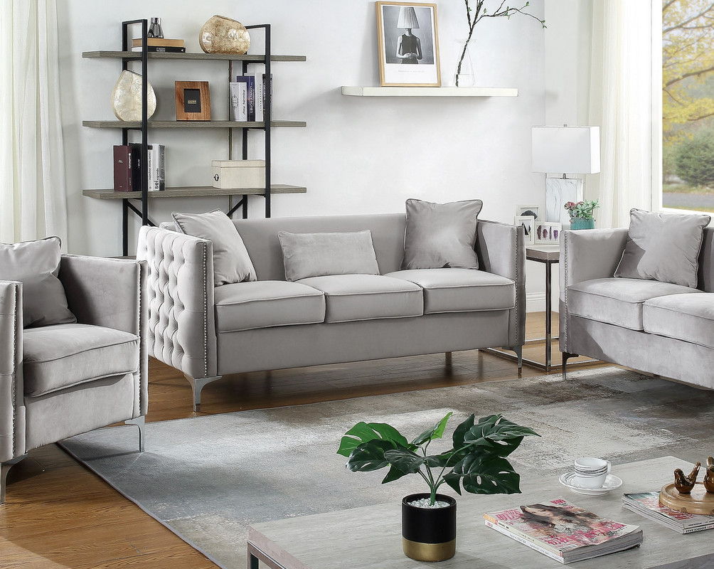 Bayberry 73"W Gray Velvet Sofa with 3 Pillows