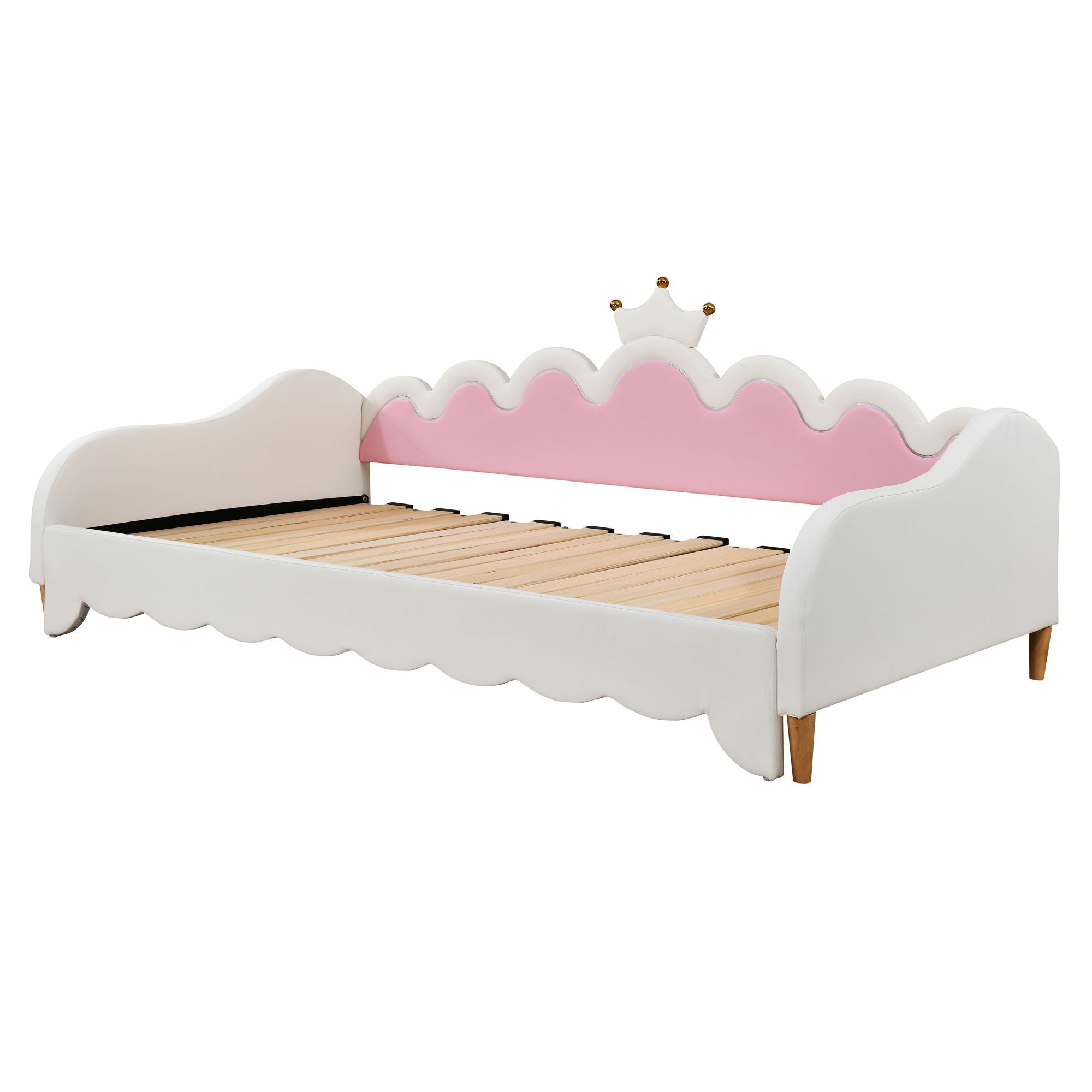 Extending Daybed With LED Lights, Modern Upholstered Princess Daybed With Crown Headboard