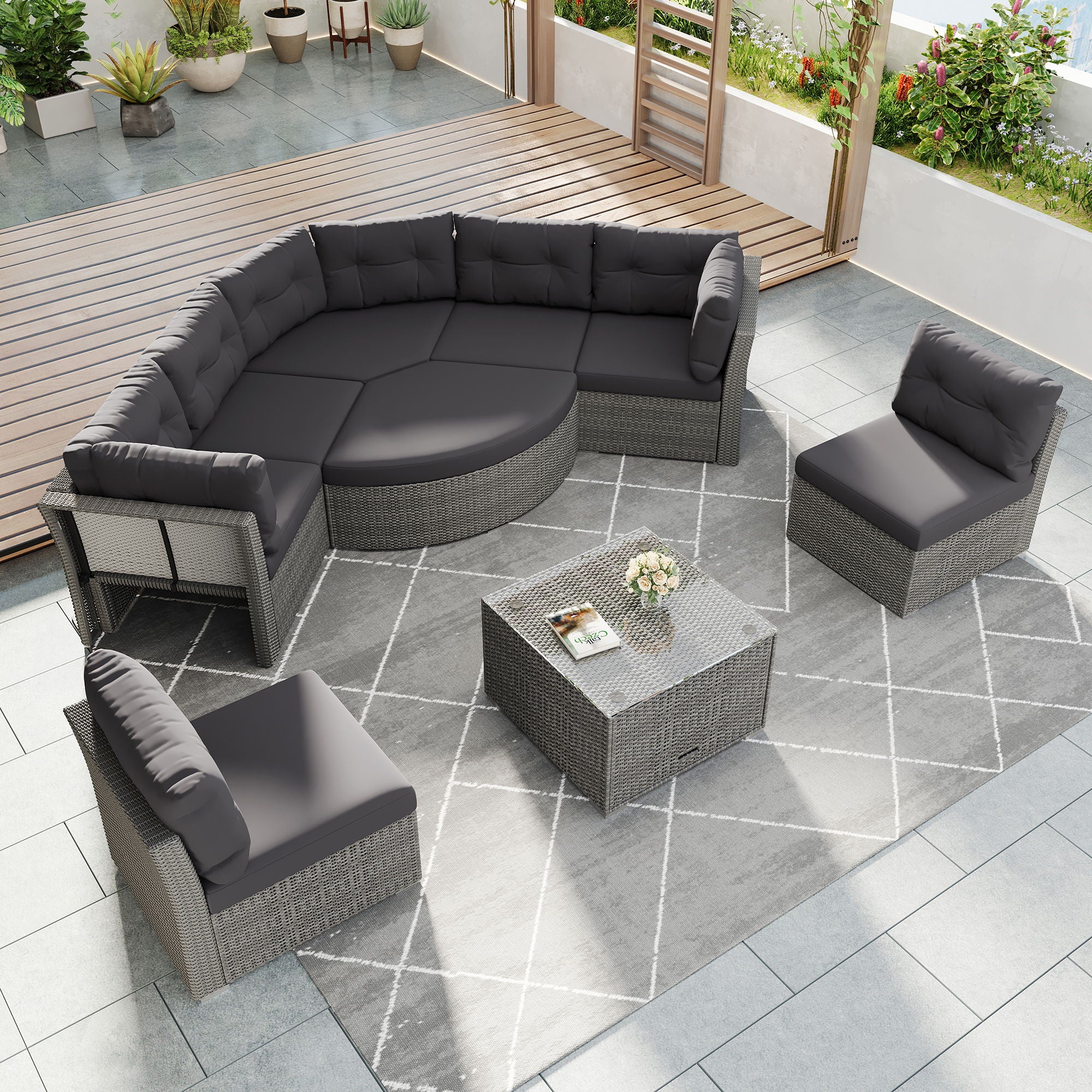 Elegant Patio Furniture Set Outdoor Daybed Rattan Sectional With Cushions And Center Table - Gray