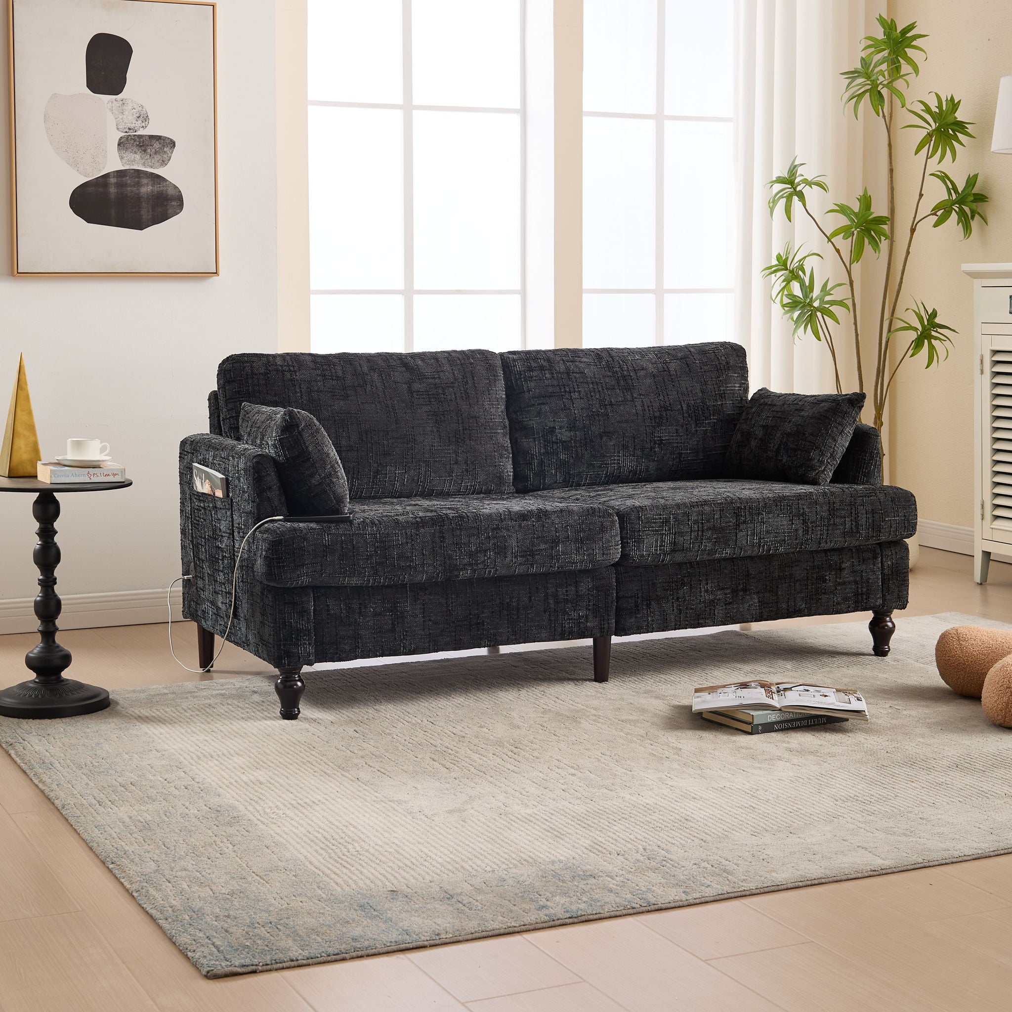 Chenille 2 Seater Sofa With LED Light, USB Charging Port, And Storage Bag