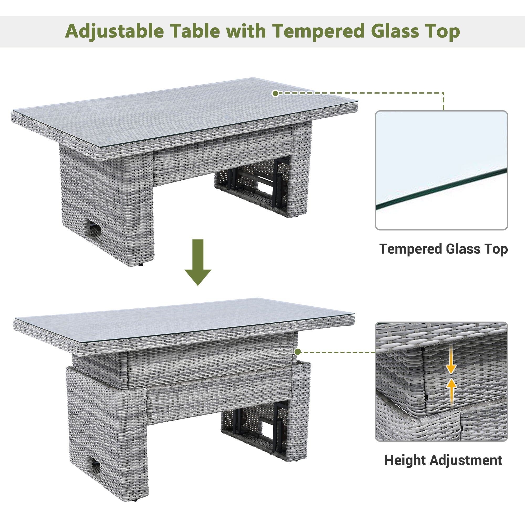Outdoor Furniture Set Patio Rattan Furniture Set With Adjustable Table, Recliners With Extendable Side Tables And 2 Ottomans