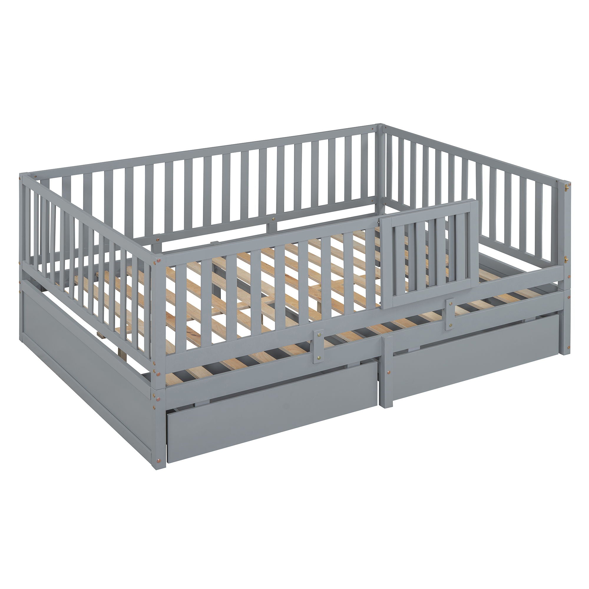 Daybed With Fence Guardrails And 2 Drawers, Split Into Independent Floor Bed & Daybed