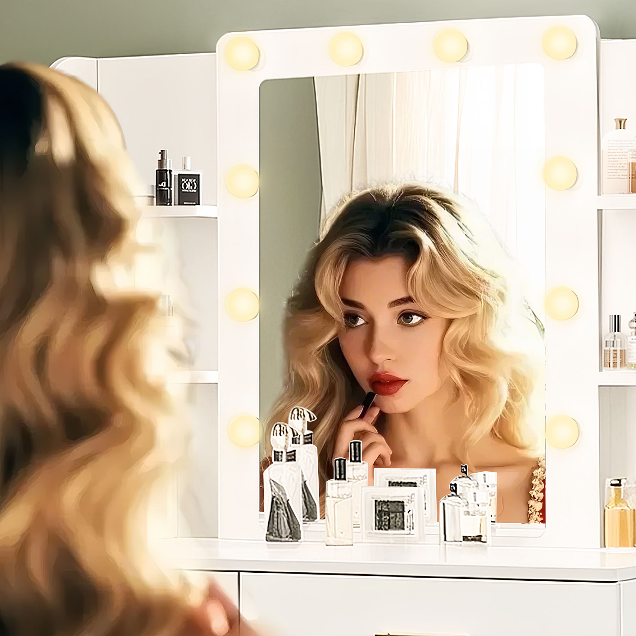 Vanity Desk Set With Mirror & Adjustable Lights Power Outlet And Hair Dryer Rack 2 Drawers And 6 Shelves Includes Cushioned Stool - White