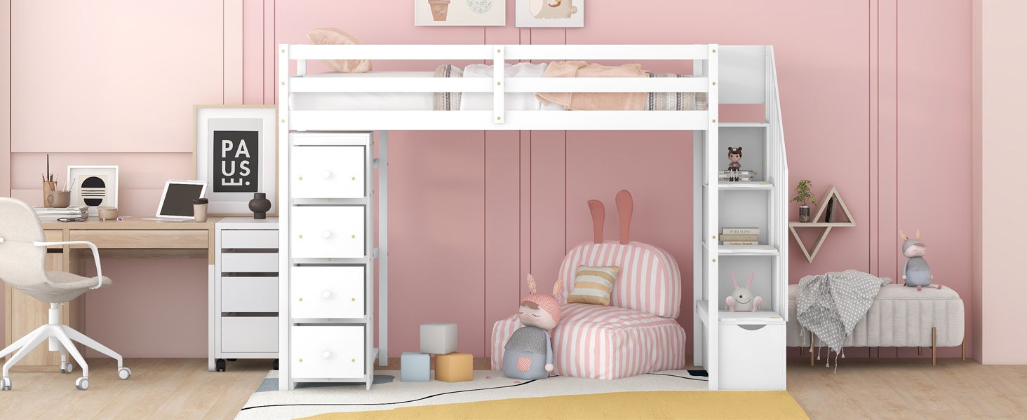 Loft Bed With Storage Drawers And Stairs With Shelves