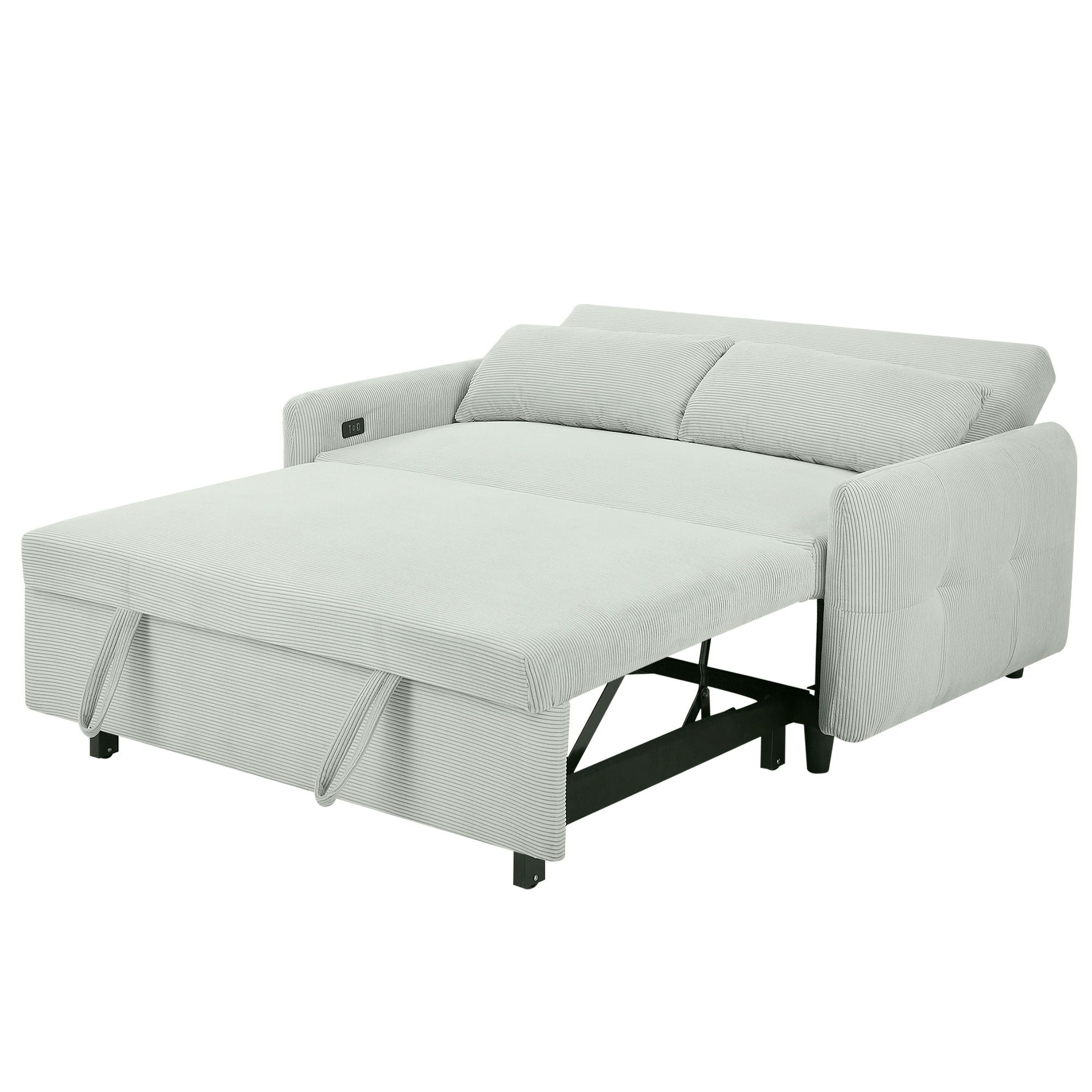Pull-Out 2 Seat Modern Sleeper Sofa With 2 Throw Pillows And USB Ports