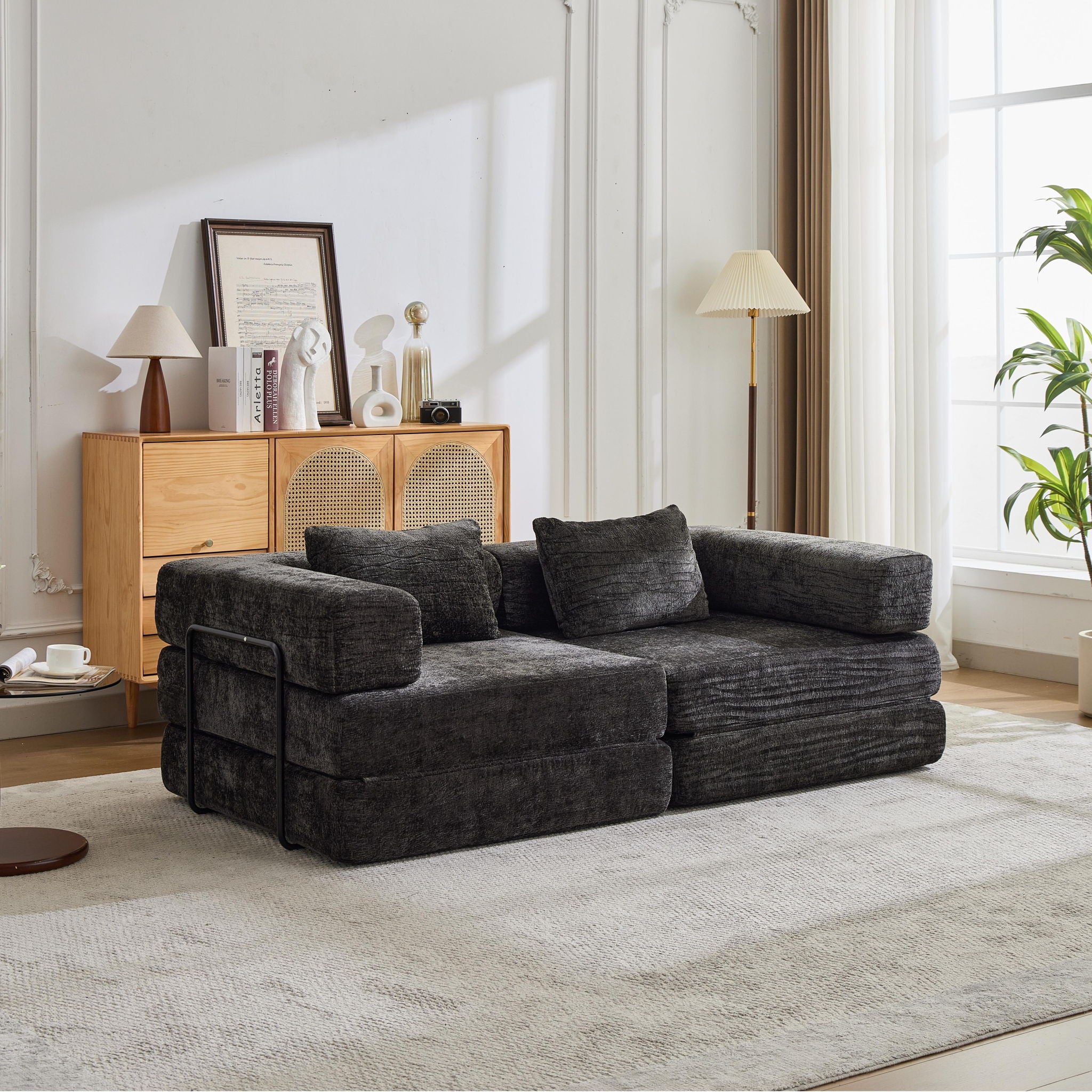 Convertible Floor Sofa Bed With Pillow Back Support Armrest