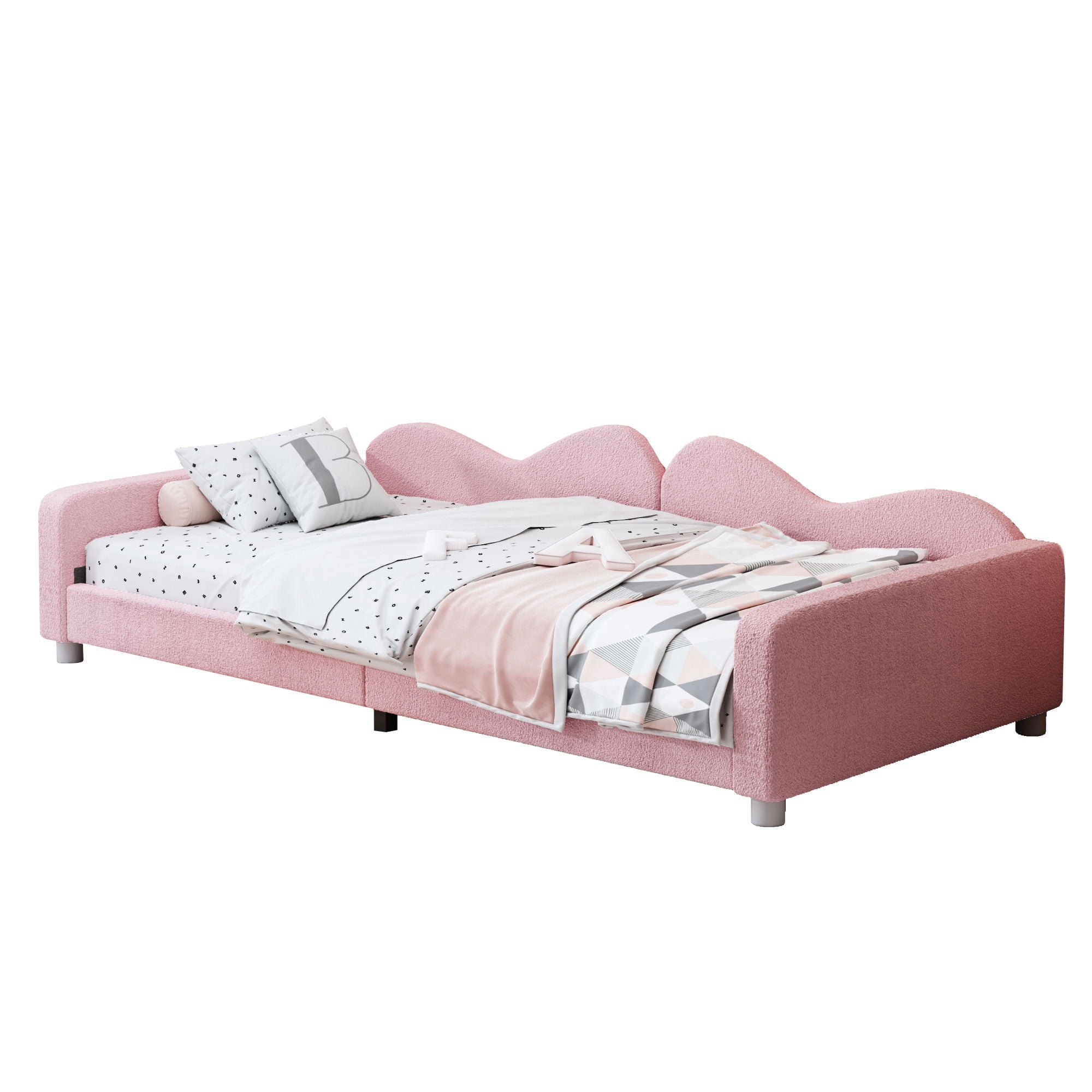 Upholstered Daybed, Sherpa Fabric Sofabed With Cloud-Shaped Backrest