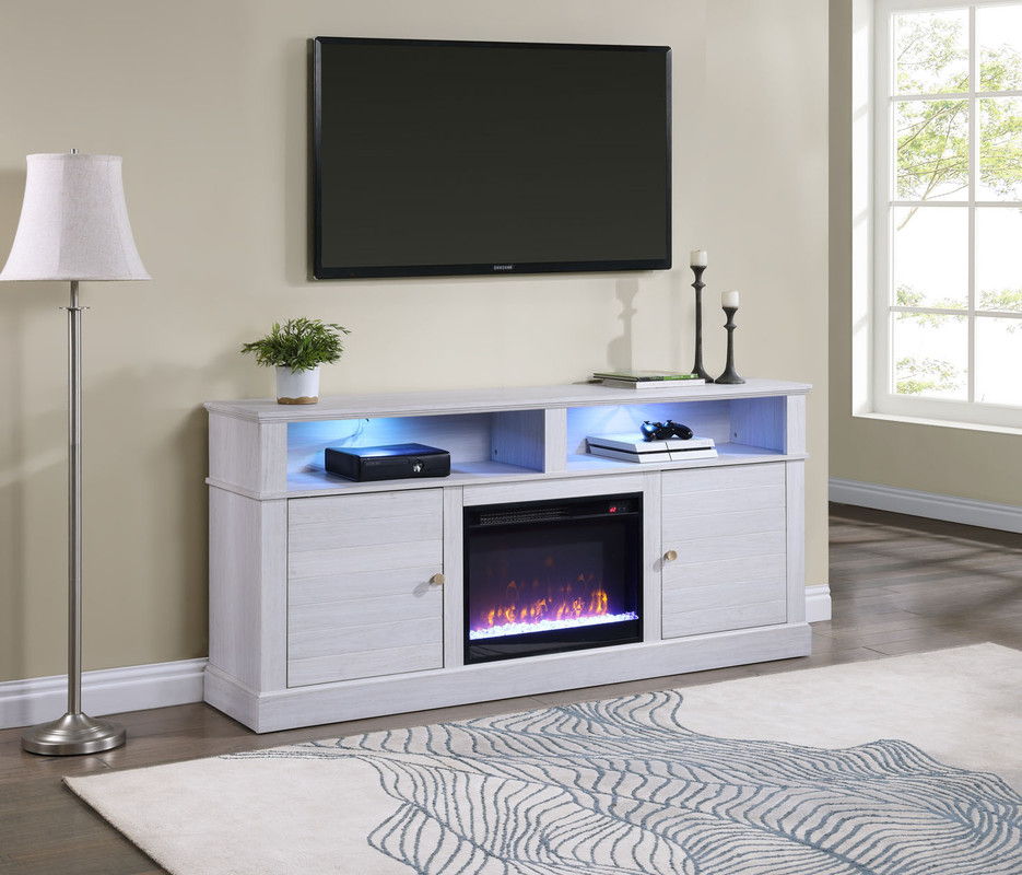 Lucifer 70"W White Walnut Finish TV Stand Console with Fireplace and Heater
