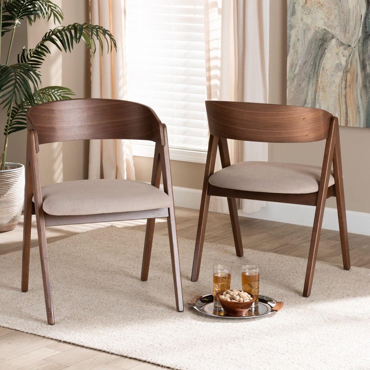 Danton Mid-Century Modern Beige Fabric Upholstered and Walnut Brown Finished Wood 2-Piece Dining Chair Set
