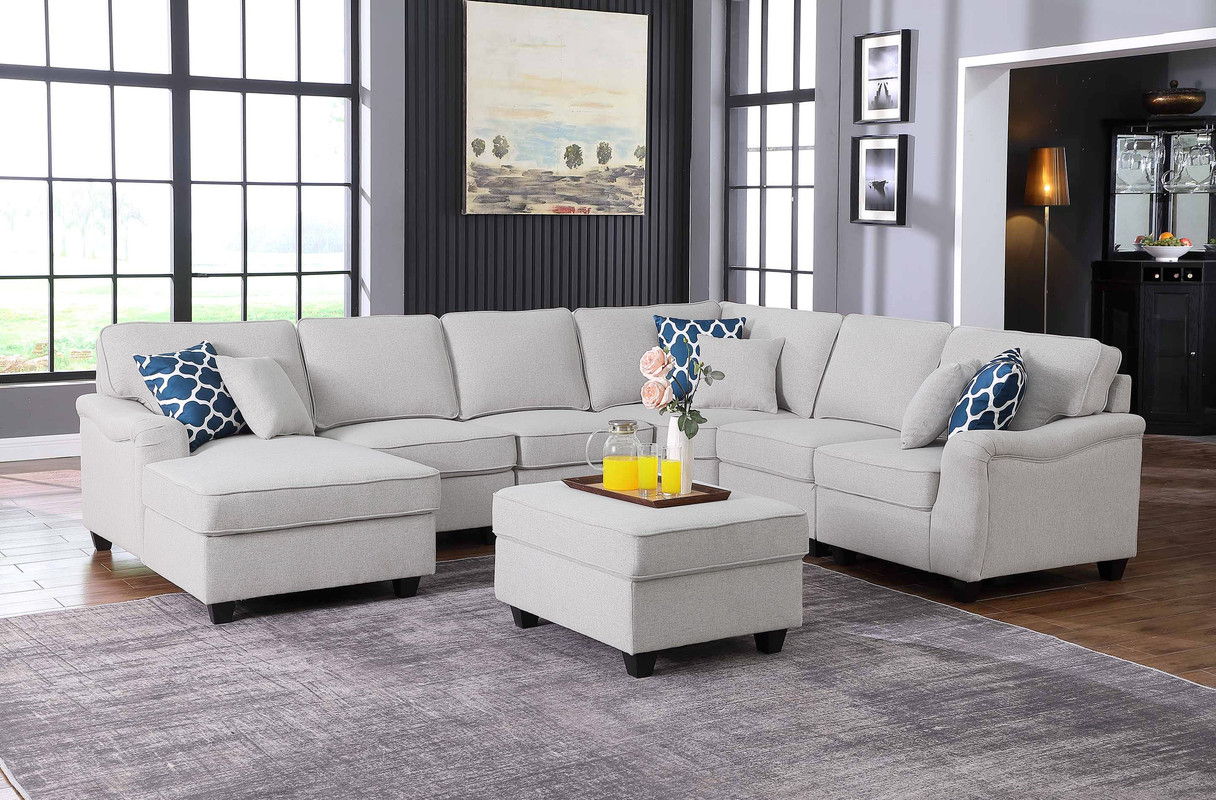Leo 125"W Light Gray Linen 7Pc Modular L-Shape Sectional Sofa Chaise and Ottoman