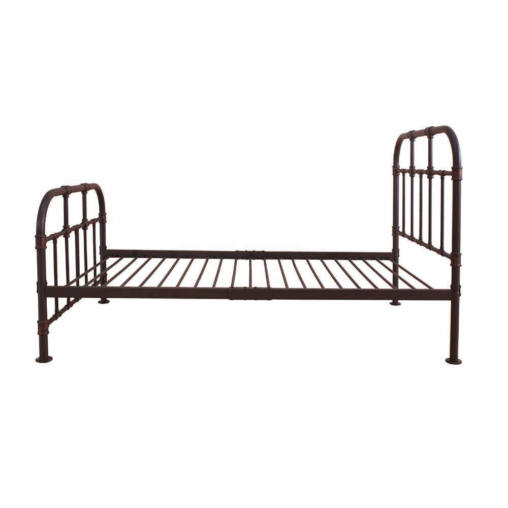 ACME With Industrial and vintage style the Nicipolis bed collection features sandy gray metal open frame, complemented by pipe castings with dark bronze hand brush accent. This collection will be a good choice for whom is seeking for a simple style bedroo