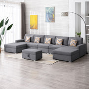 Nolan 152"W Gray Linen Fabric 6Pc Double Chaise Sectional Sofa with Interchangeable Legs, Storage Ottoman, and Pillows
