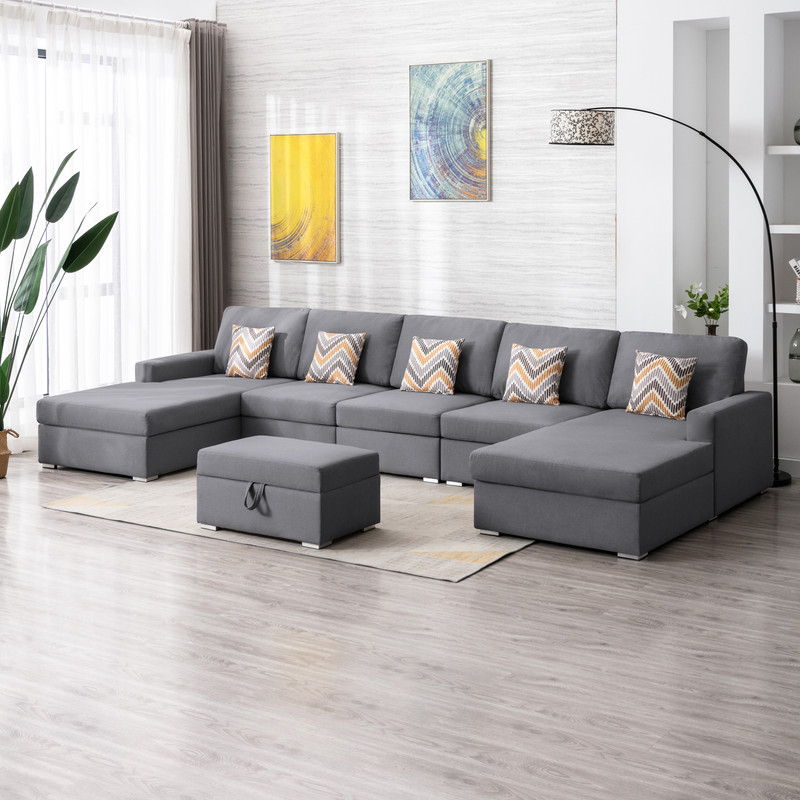 Nolan 152"W Gray Linen Fabric 6Pc Double Chaise Sectional Sofa with Interchangeable Legs, Storage Ottoman, and Pillows