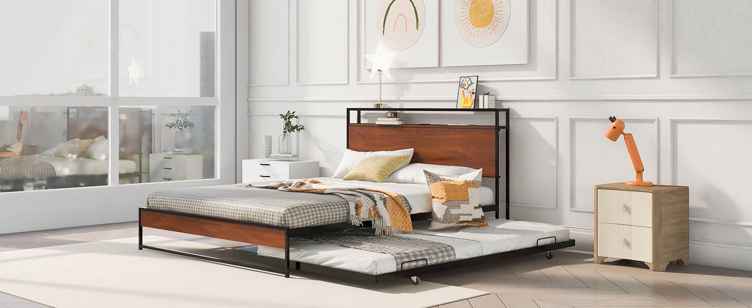 Platform Bed Frame With Trundle, USB Ports And Slat Support, No Box Spring Needed
