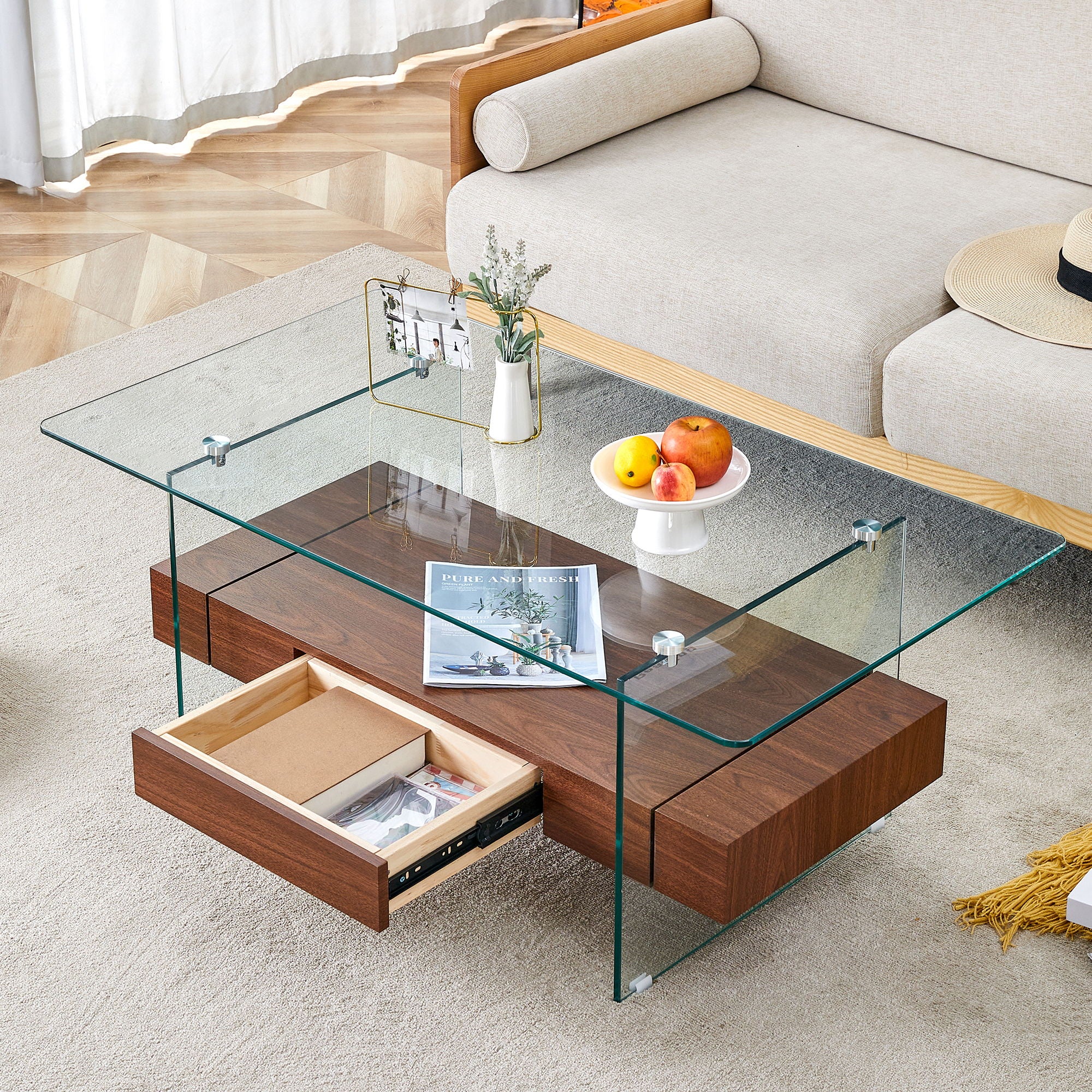 Modern 2 Tier Square Coffee Table, Elegant Marble Pattern