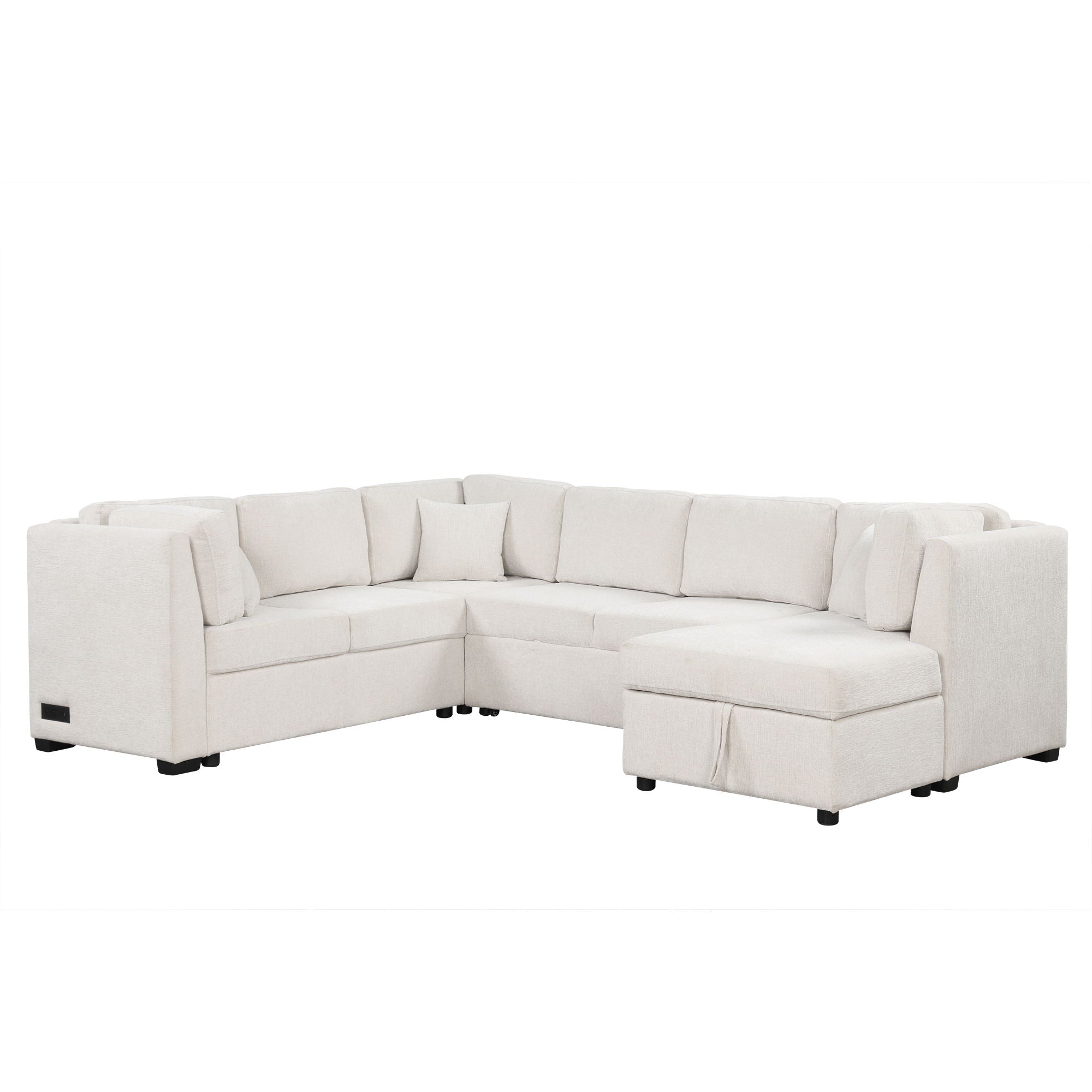 U-Shaped Sectional Sofa Pull Out Sofa Bed With Two USB Ports, Two Power Sockets, Three Back Pillows And A Storage Chaise For Living Room