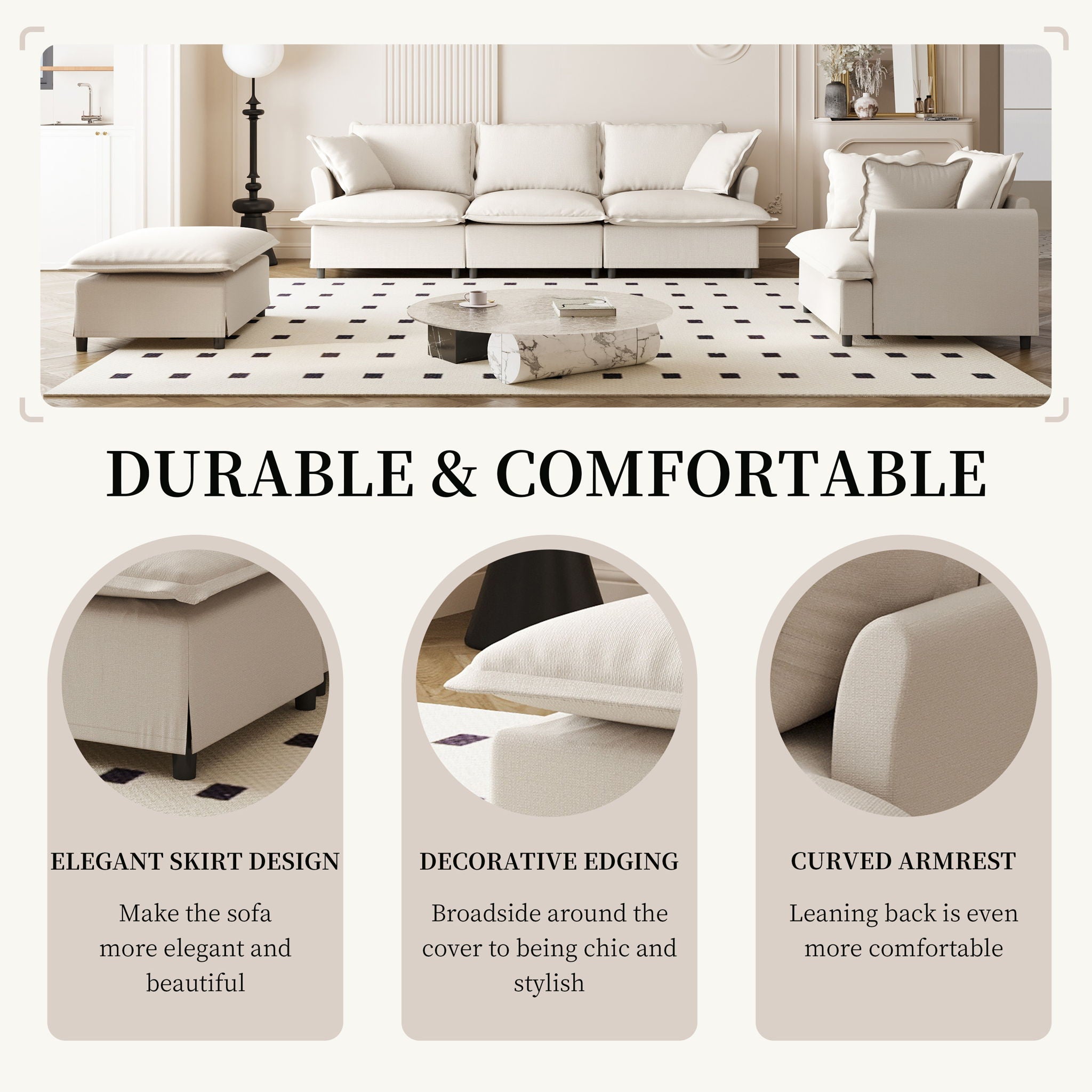 Living Room Set Modular Sectional Couch, Upholstered Sofa & Armchair & Movable Ottoman