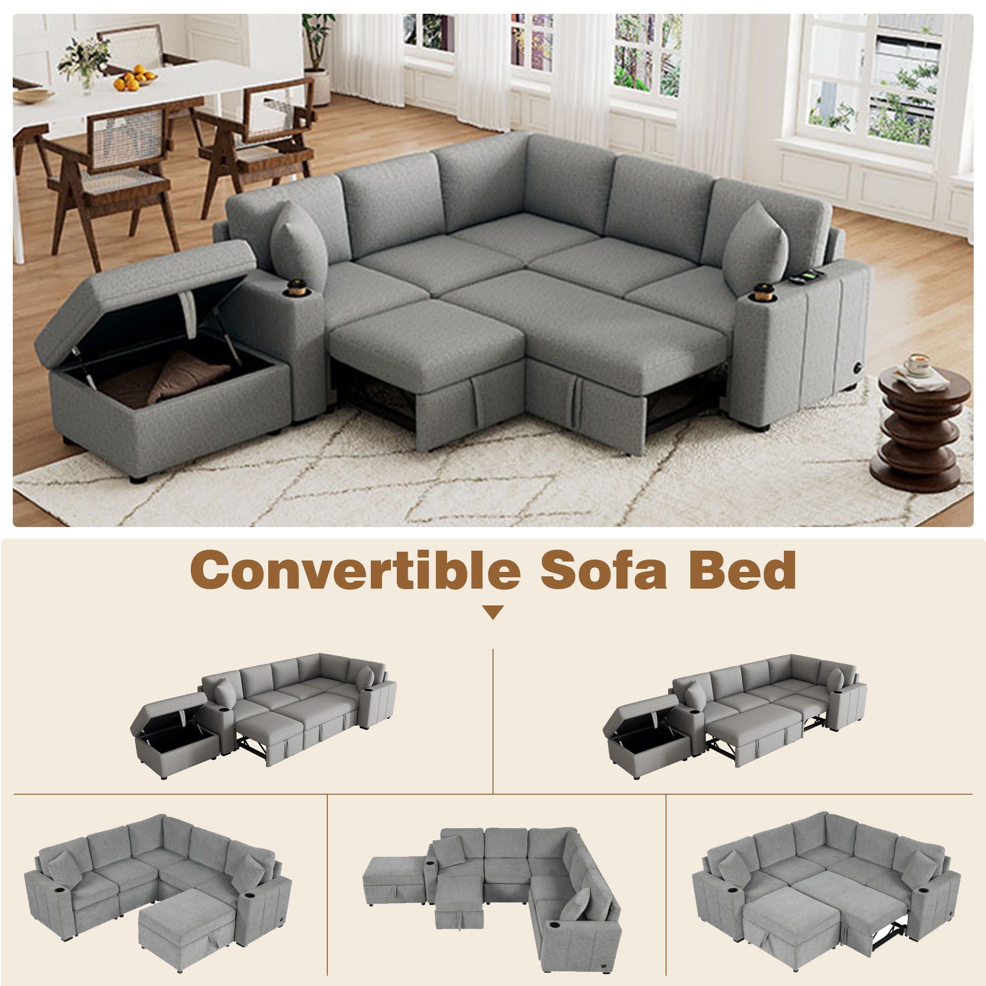 Sectional Sofa Convertible Pull-Out Sofa Bed With A Movable Storage Ottoman For Living Room