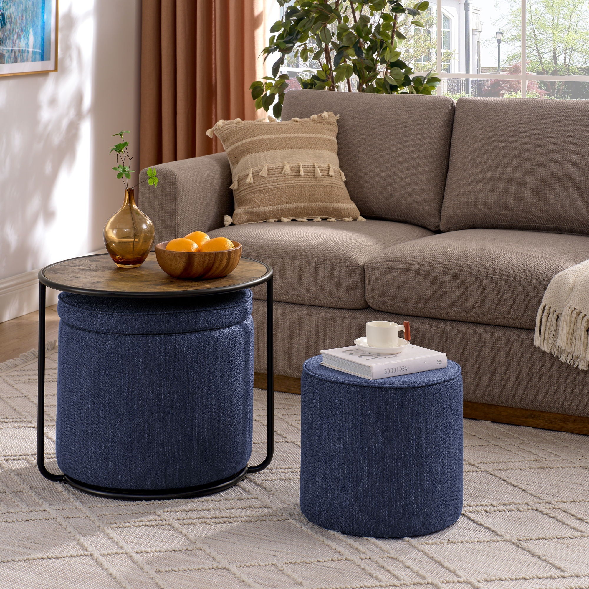Multi Functional Ottoman And Table Set With Drum Stool