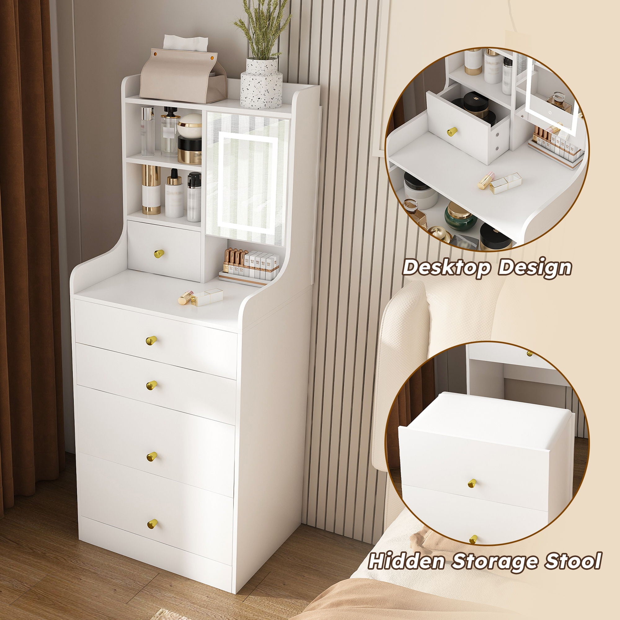 3 In 1 Dressing Table With LED Mirror & Storage Stool, Compact Makeup Vanity - White