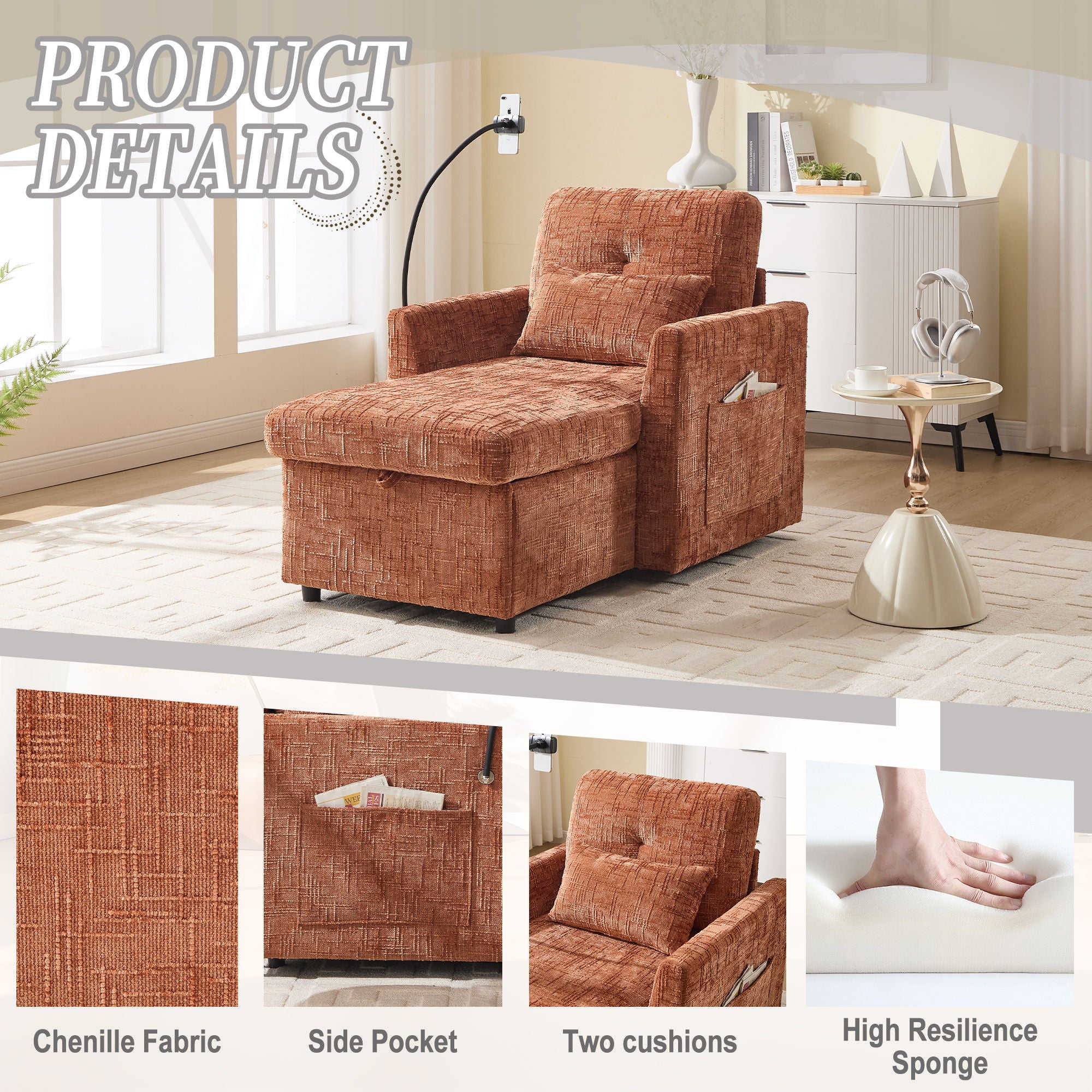 Multifunctional Chenille Recliner Sofa With Storage And Phone Bracket